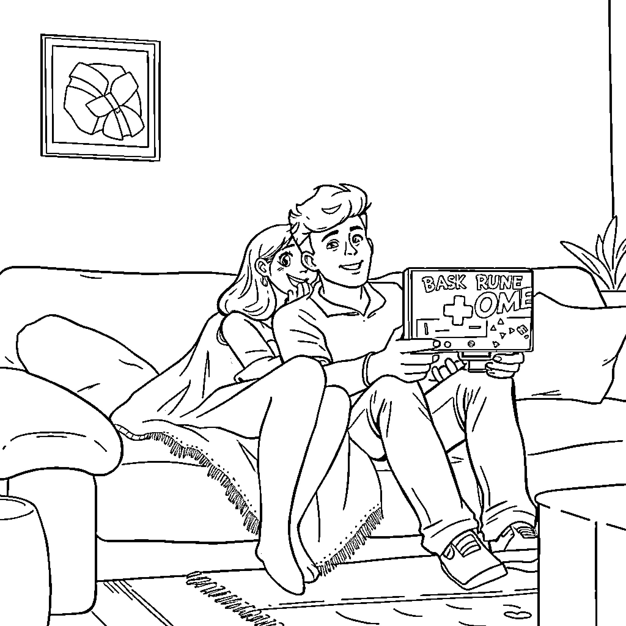 Person playing video game on couch with friend Coloring Page (free black-and-white line drawing printable PDF for all, from beginners to advanced learners, including children, teens, adults, and seniors)