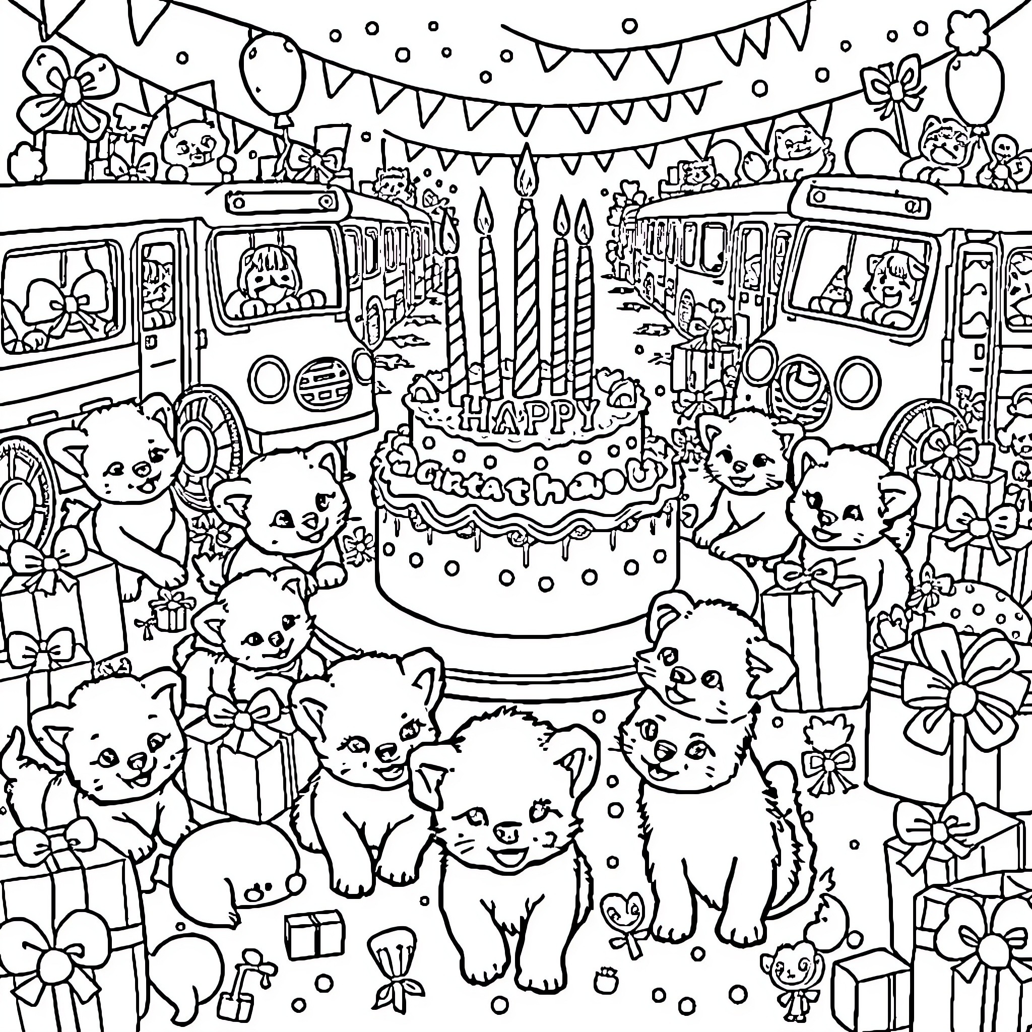 Kittens celebrating a birthday party Coloring Page (free black-and-white line drawing printable PDF for all, from beginners to advanced learners, including children, teens, adults, and seniors)