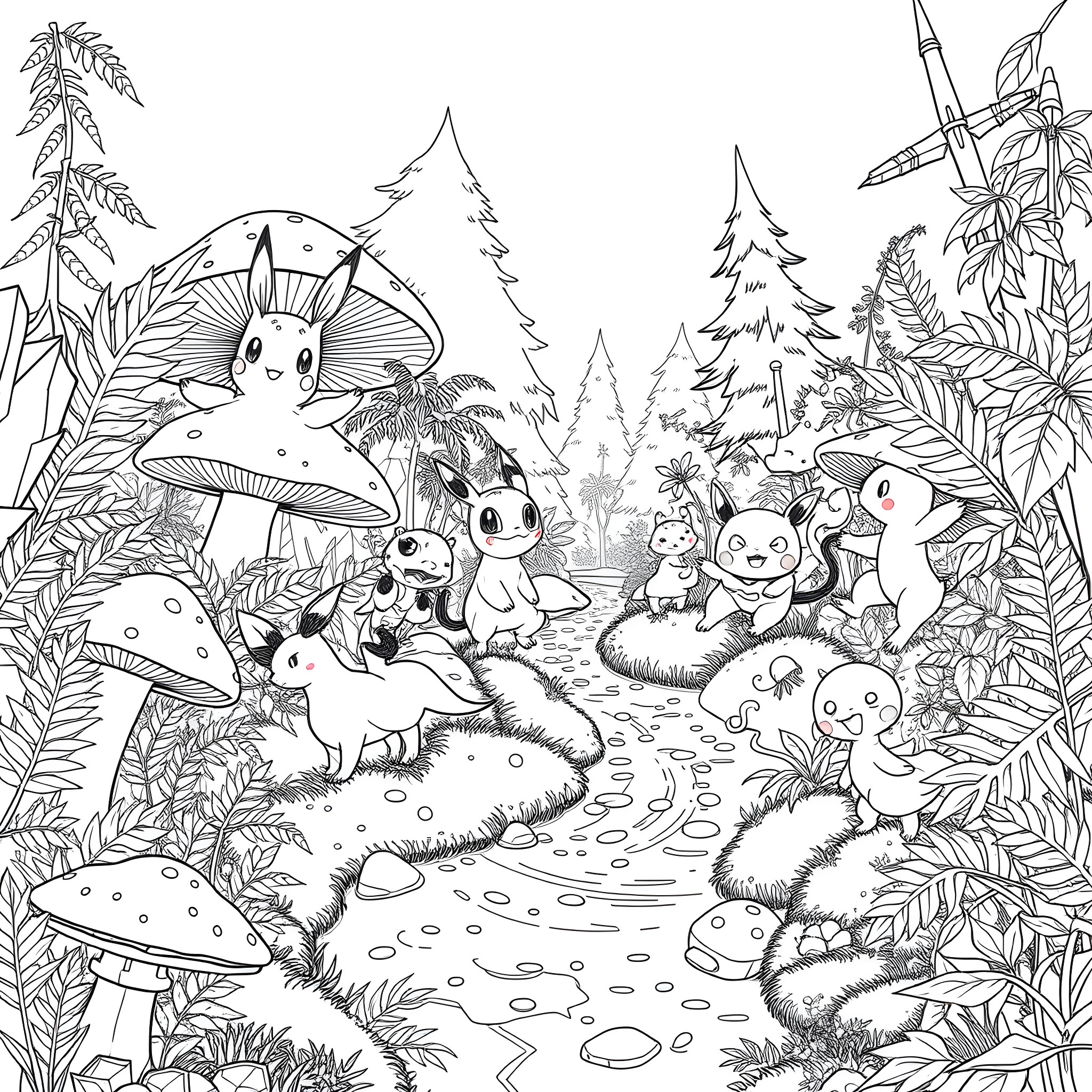 Pokémon characters enjoying a peaceful forest scene Coloring Page (free black-and-white line drawing printable PDF for all, from beginners to advanced learners, including children, teens, adults, and seniors)