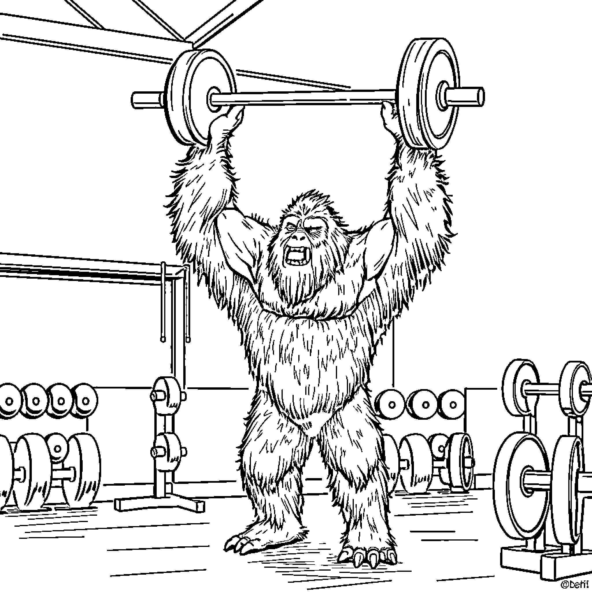 Sasquatch lifting weights in the gym Coloring Page (free black-and-white line drawing printable PDF for all, from beginners to advanced learners, including children, teens, adults, and seniors)