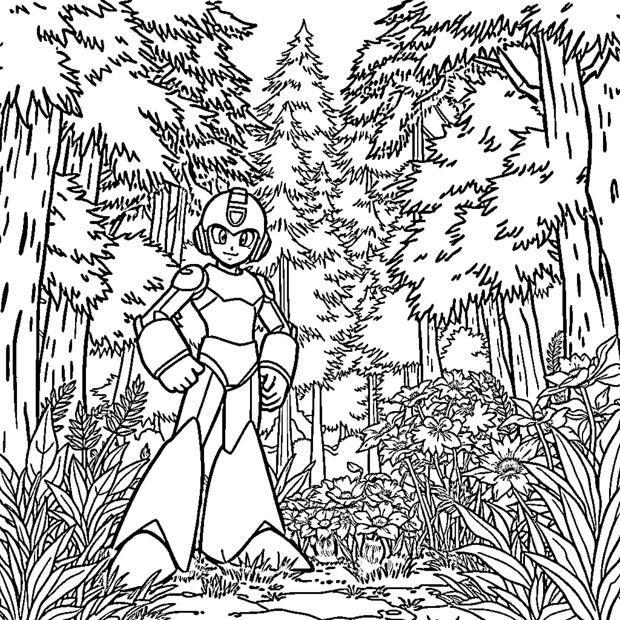 Megaman exploring the lush forest Coloring Page (free black-and-white line drawing printable PDF for all, from beginners to advanced learners, including children, teens, adults, and seniors)