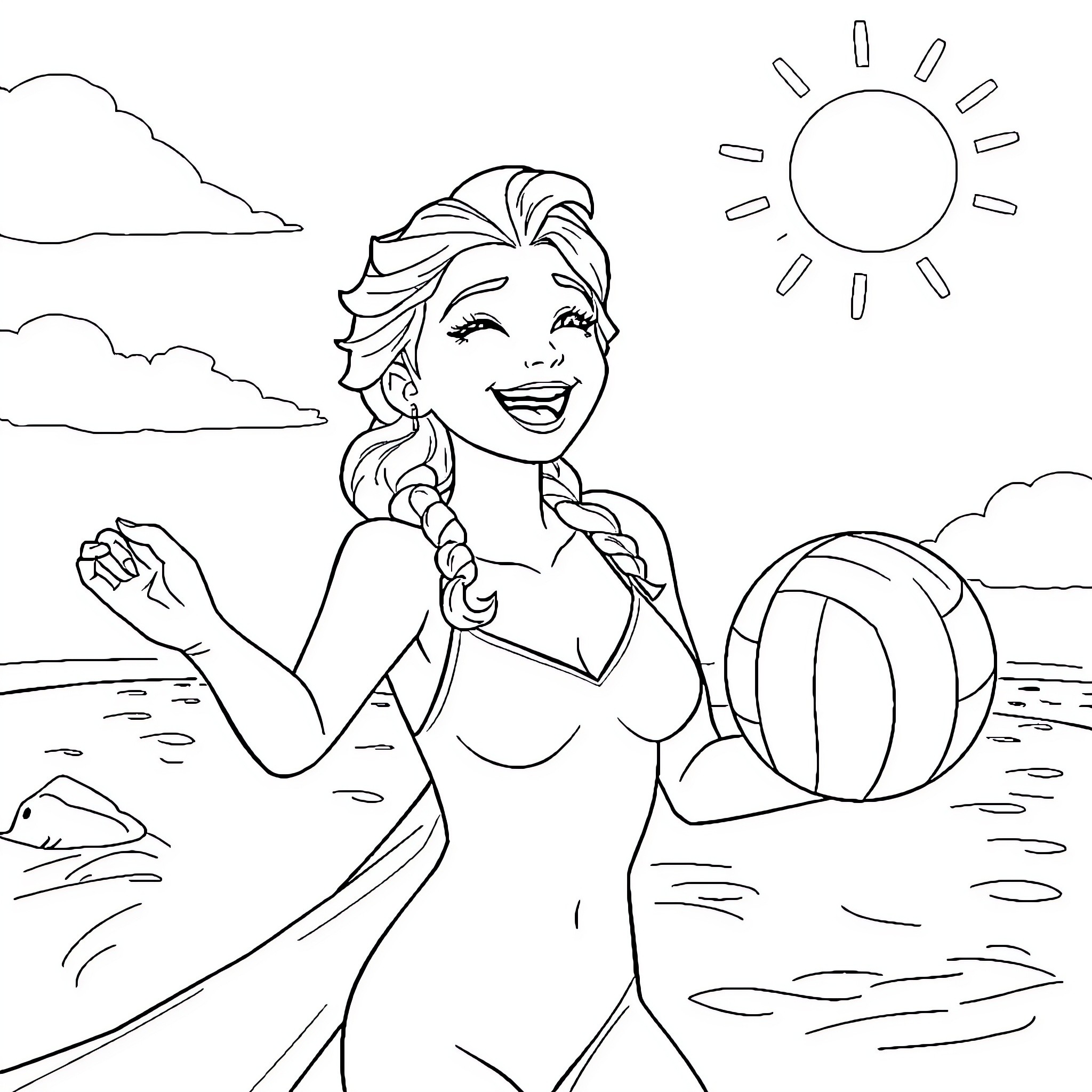 Princess Elsa enjoying a sunny day at the beach Coloring Page (free black-and-white line drawing printable PDF for all, from beginners to advanced learners, including children, teens, adults, and seniors)