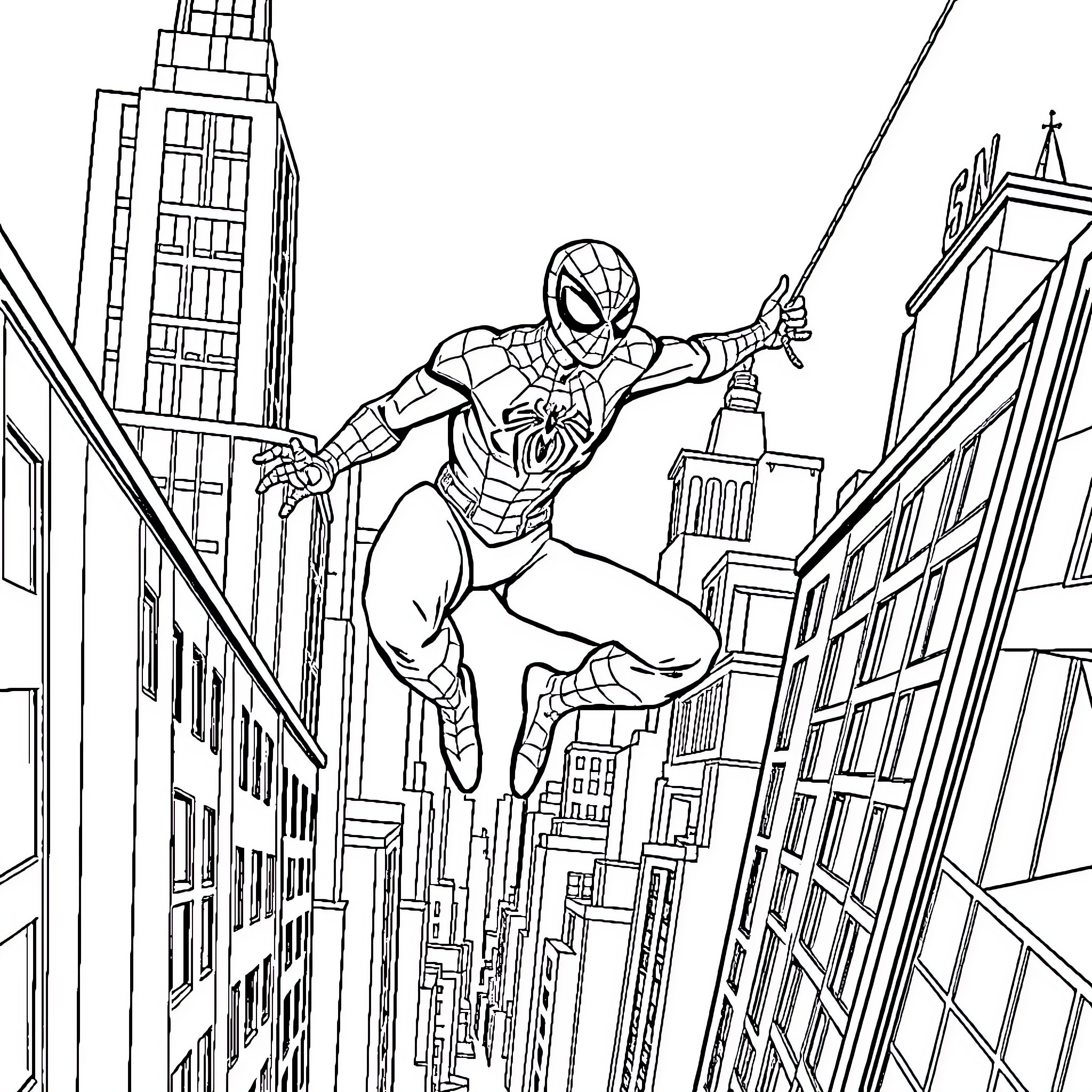 Spiderman swinging through the city skyscrapers Coloring Page (free black-and-white line drawing printable PDF for all, from beginners to advanced learners, including children, teens, adults, and seniors)