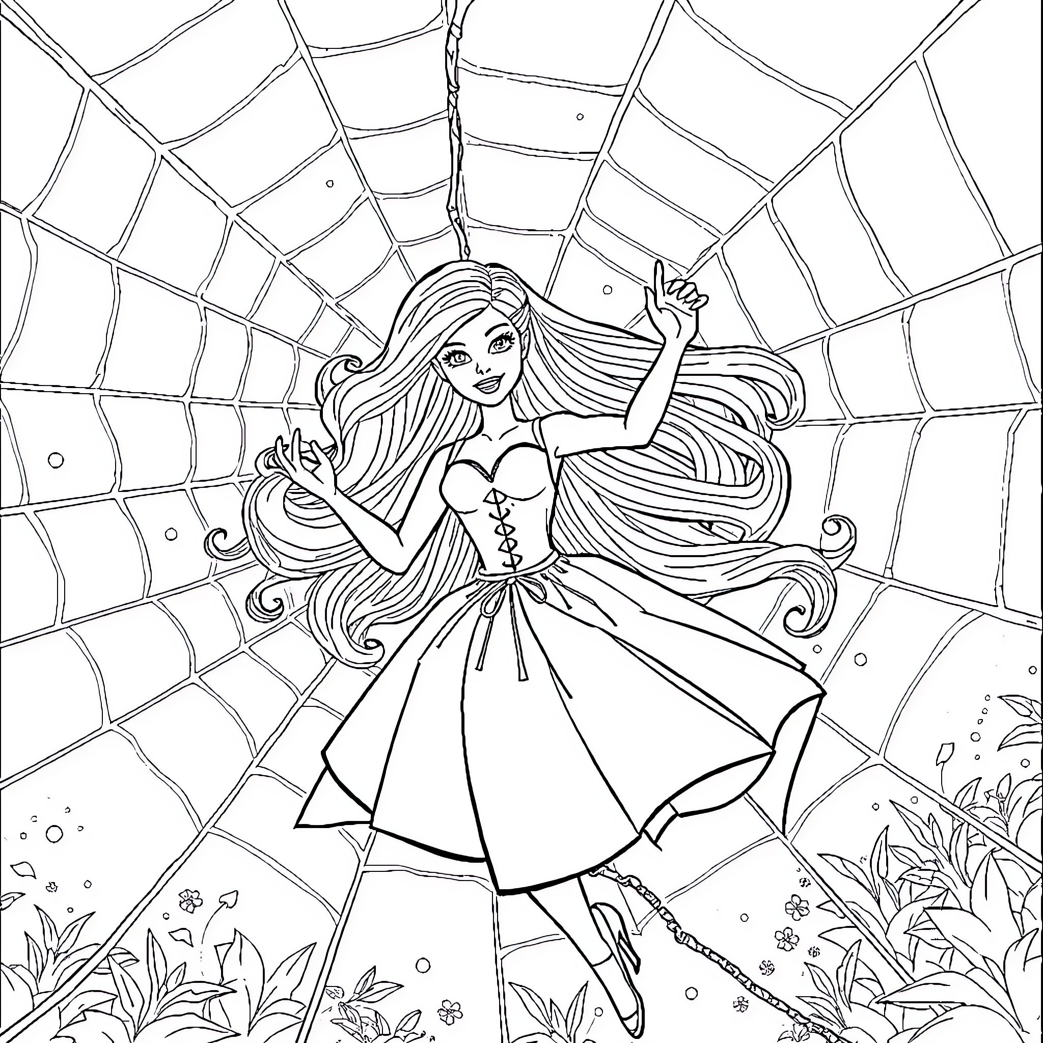 Barbie in a Whimsical Spider Web Coloring Page (free black-and-white line drawing printable PDF for all, from beginners to advanced learners, including children, teens, adults, and seniors)
