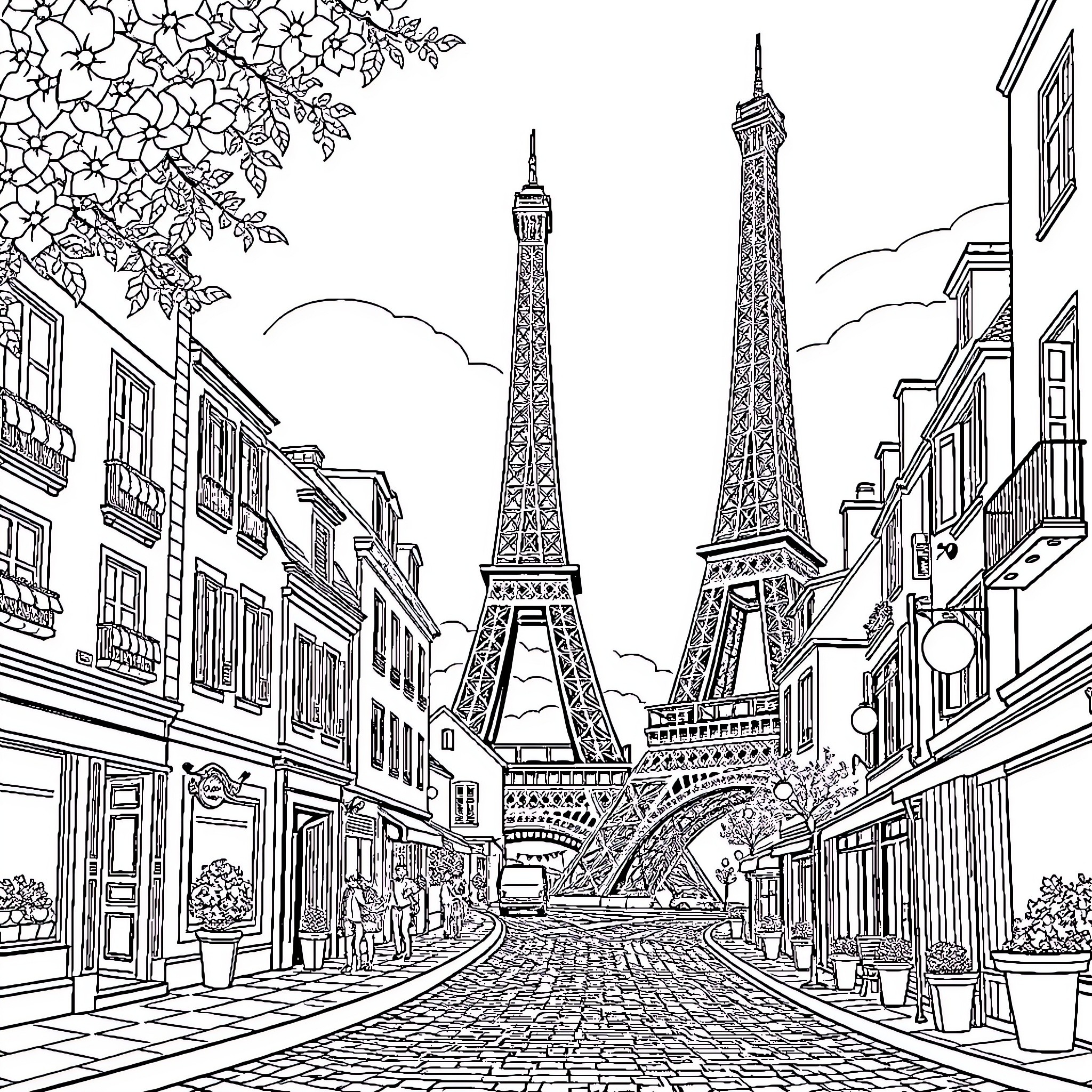 France: Picturesque street scene with Eiffel Tower Coloring Page (free black-and-white line drawing printable PDF for all, from beginners to advanced learners, including children, teens, adults, and seniors)