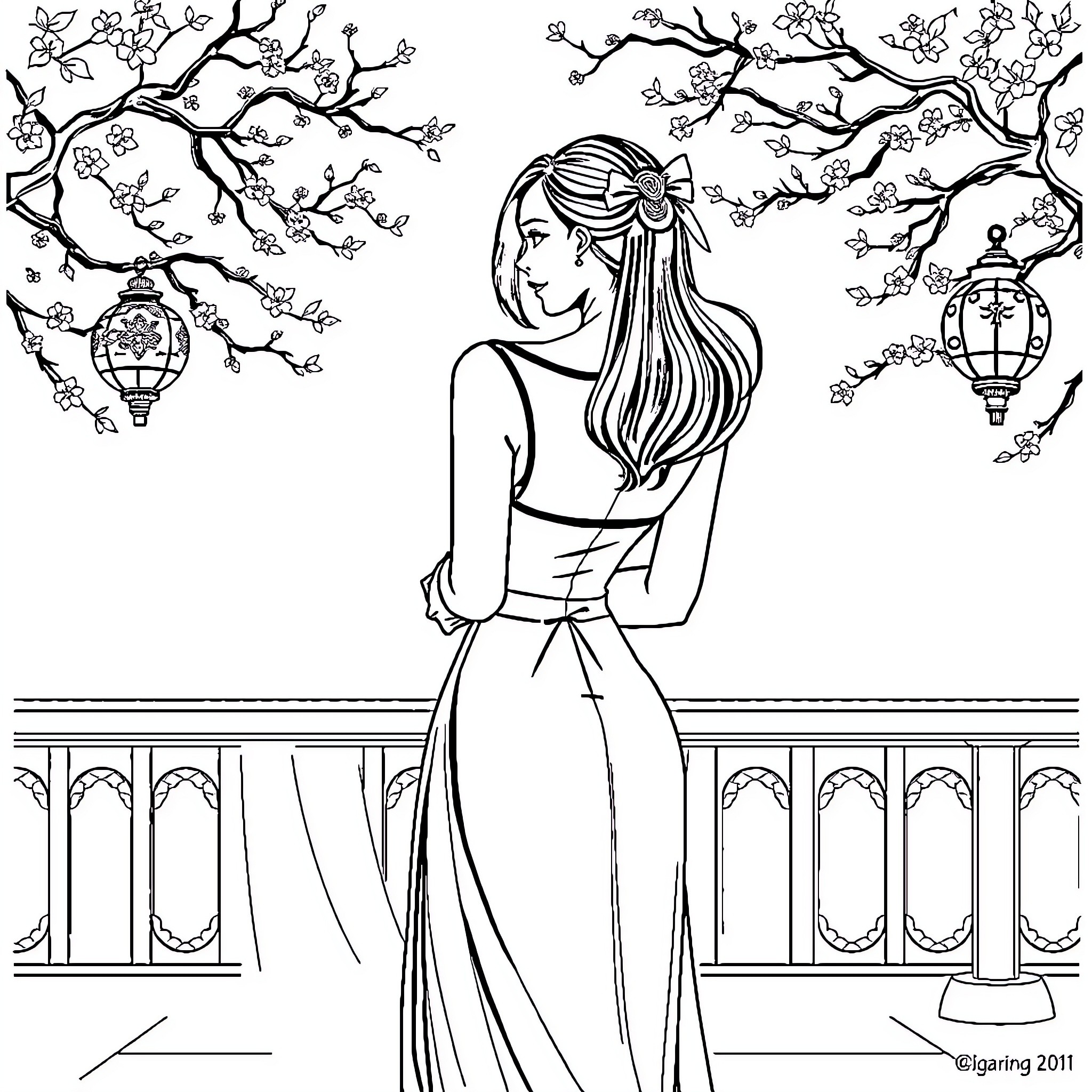 Girl in elegant dress enjoying the view Coloring Page (free black-and-white line drawing printable PDF for all, from beginners to advanced learners, including children, teens, adults, and seniors)