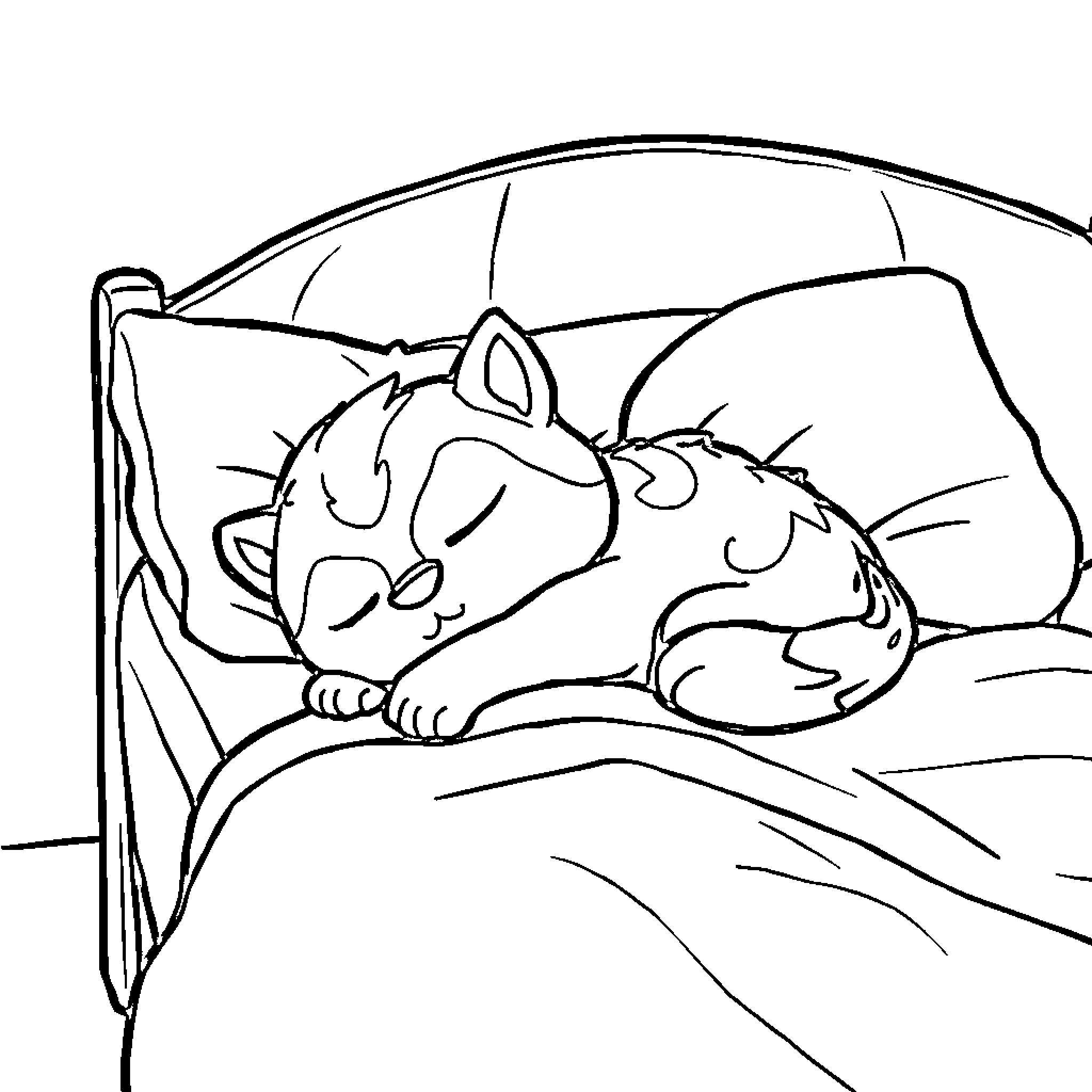 Skibidi: Cozy cat snoozing peacefully in bed Coloring Page (free black-and-white line drawing printable PDF for all, from beginners to advanced learners, including children, teens, adults, and seniors)
