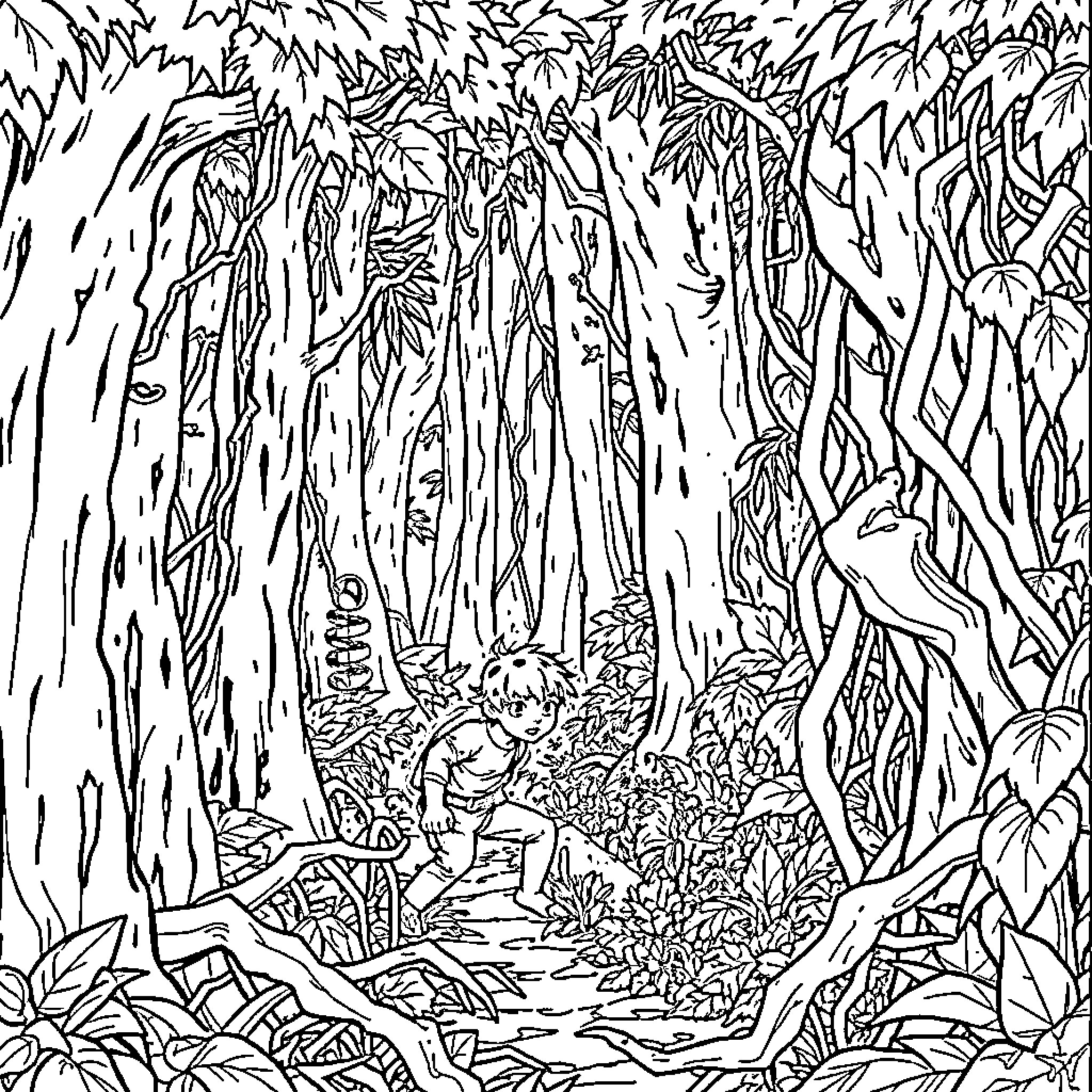 Golem Exploring the Mystical Forest Coloring Page (free black-and-white line drawing printable PDF for all, from beginners to advanced learners, including children, teens, adults, and seniors)