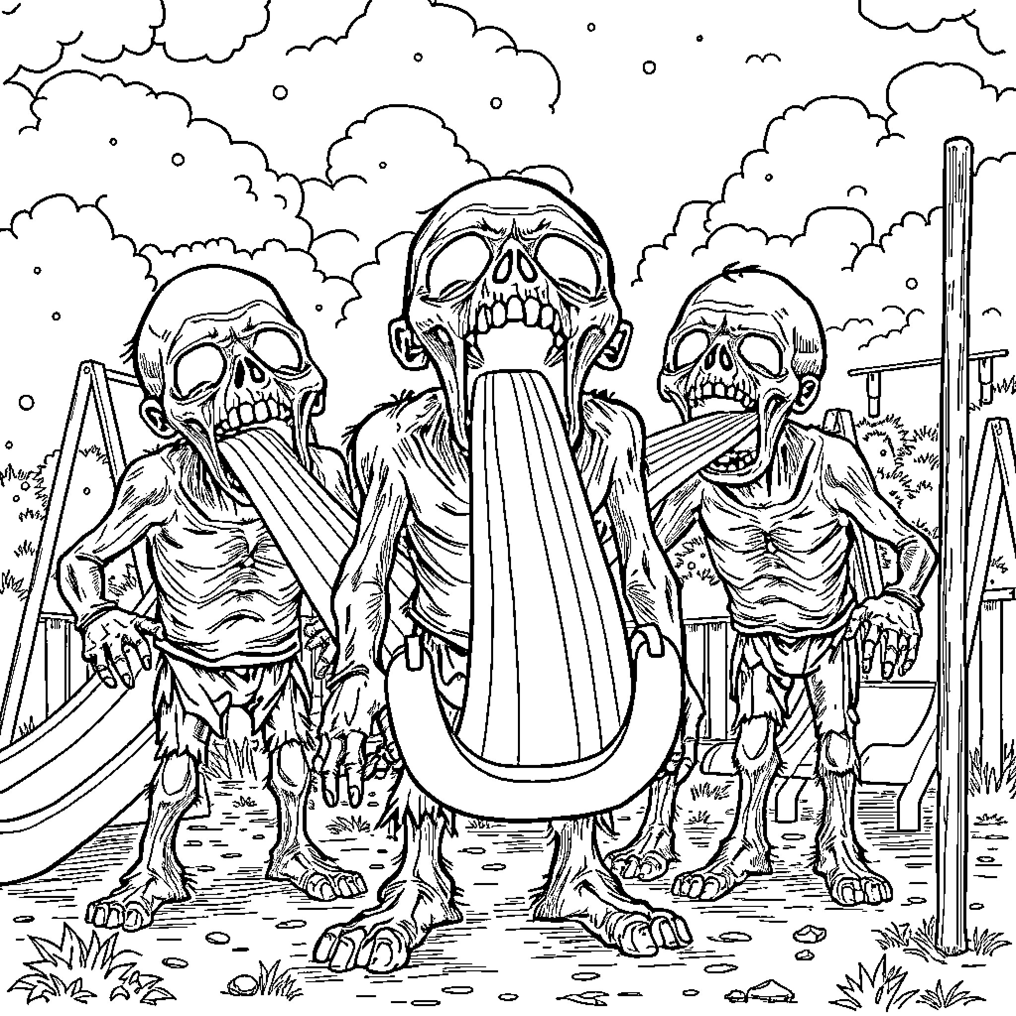 Zombie Creatures in Eerie Landscape Coloring Page (free black-and-white line drawing printable PDF for all, from beginners to advanced learners, including children, teens, adults, and seniors)
