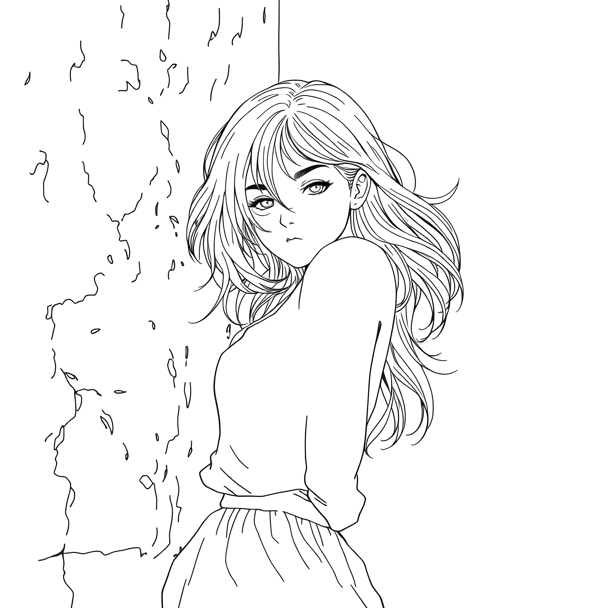 Girl in pensive pose with flowing hair Coloring Page (free black-and-white line drawing printable PDF for all, from beginners to advanced learners, including children, teens, adults, and seniors)