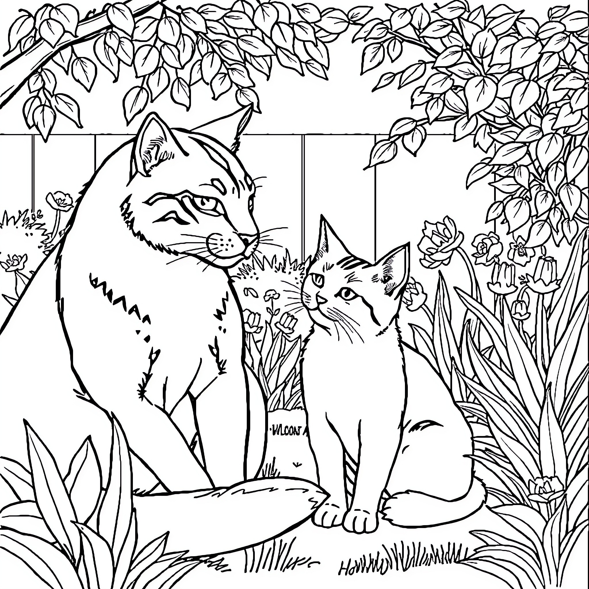 Dog and Cat in a Floral Garden Coloring Page (free black-and-white line drawing printable PDF for all, from beginners to advanced learners, including children, teens, adults, and seniors)