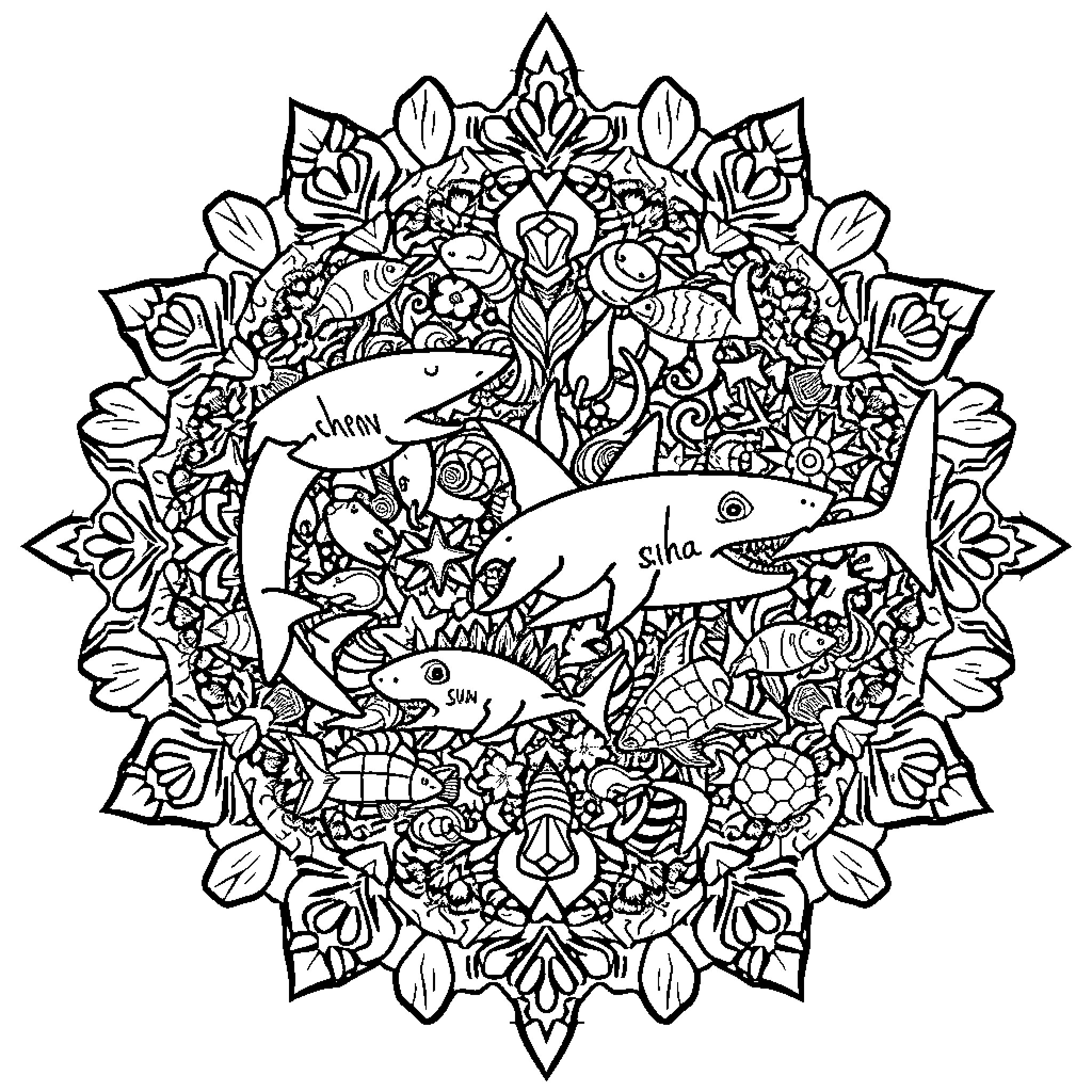 Shark swimming in a floral mandala Coloring Page (free black-and-white line drawing printable PDF for all, from beginners to advanced learners, including children, teens, adults, and seniors)