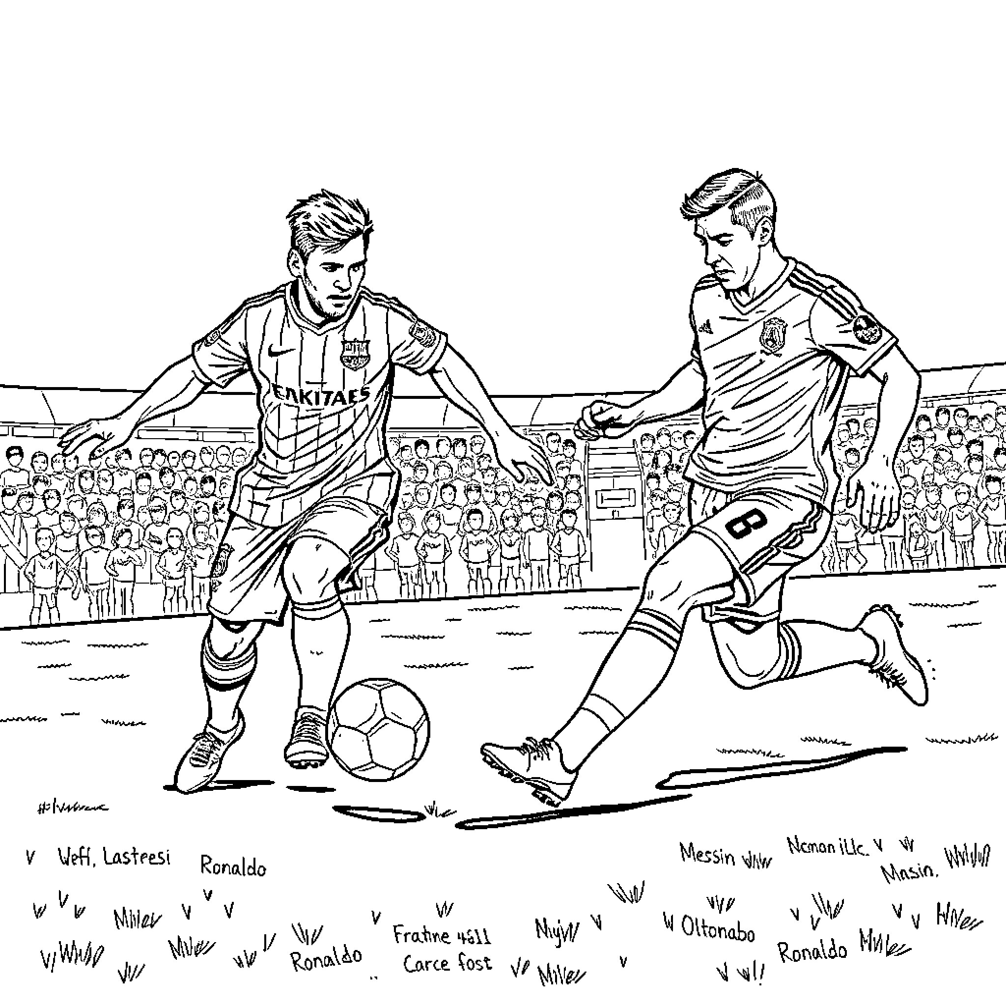 Messi and Ronaldo competing in an intense soccer match Coloring Page (free black-and-white line drawing printable PDF for all, from beginners to advanced learners, including children, teens, adults, and seniors)