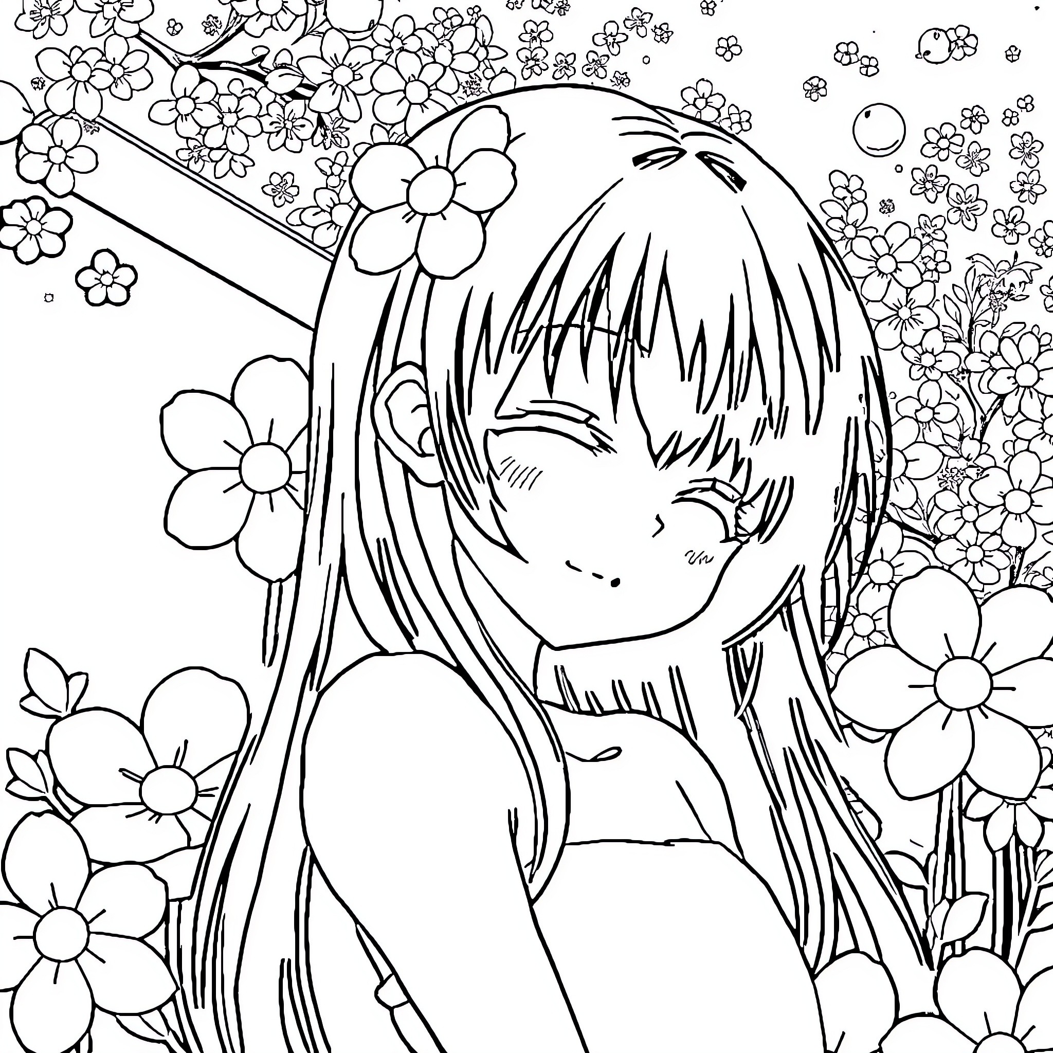 Hinata enjoying the flowery garden Coloring Page (free black-and-white line drawing printable PDF for all, from beginners to advanced learners, including children, teens, adults, and seniors)