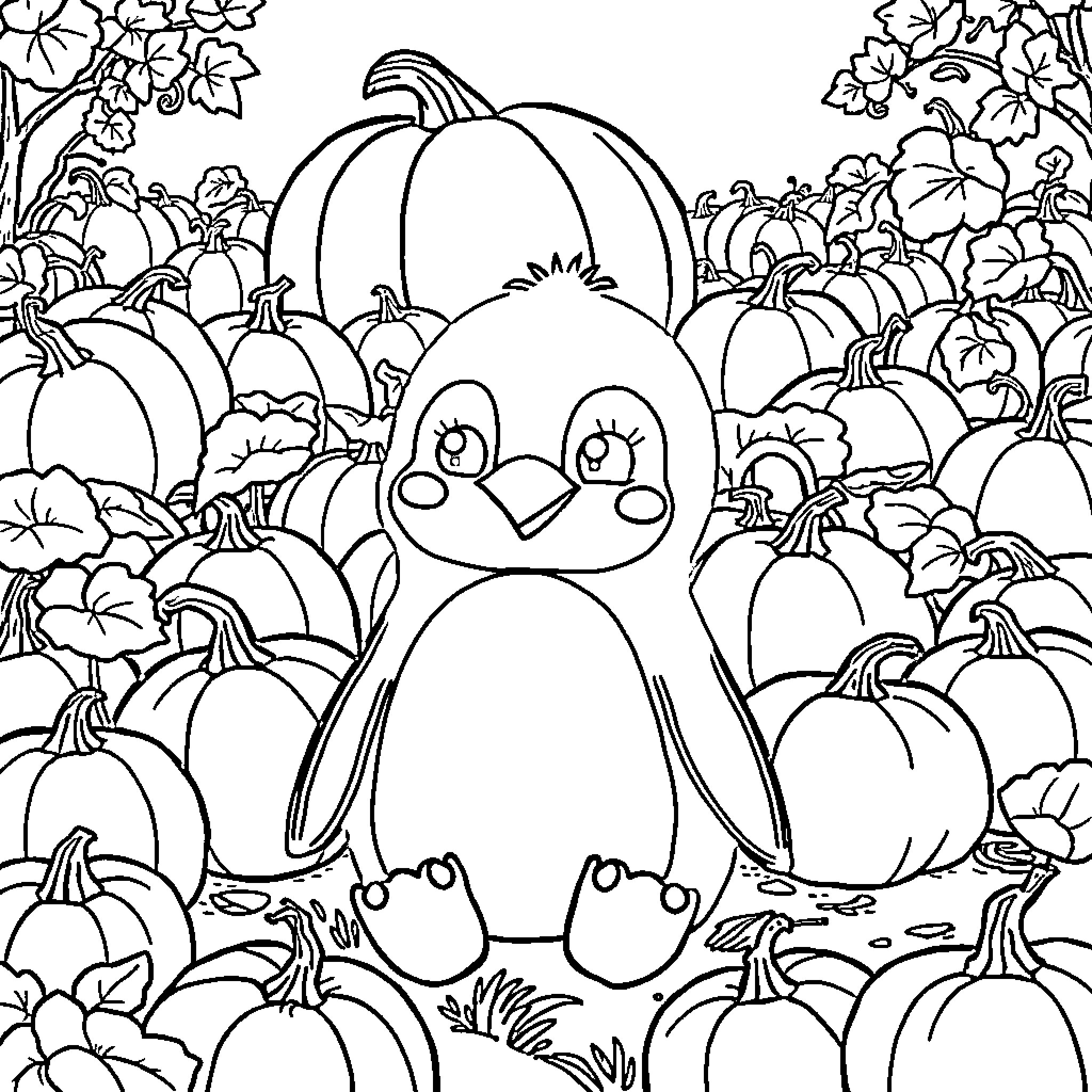 Badtz-Maru among pumpkins and autumn leaves Coloring Page (free black-and-white line drawing printable PDF for all, from beginners to advanced learners, including children, teens, adults, and seniors)