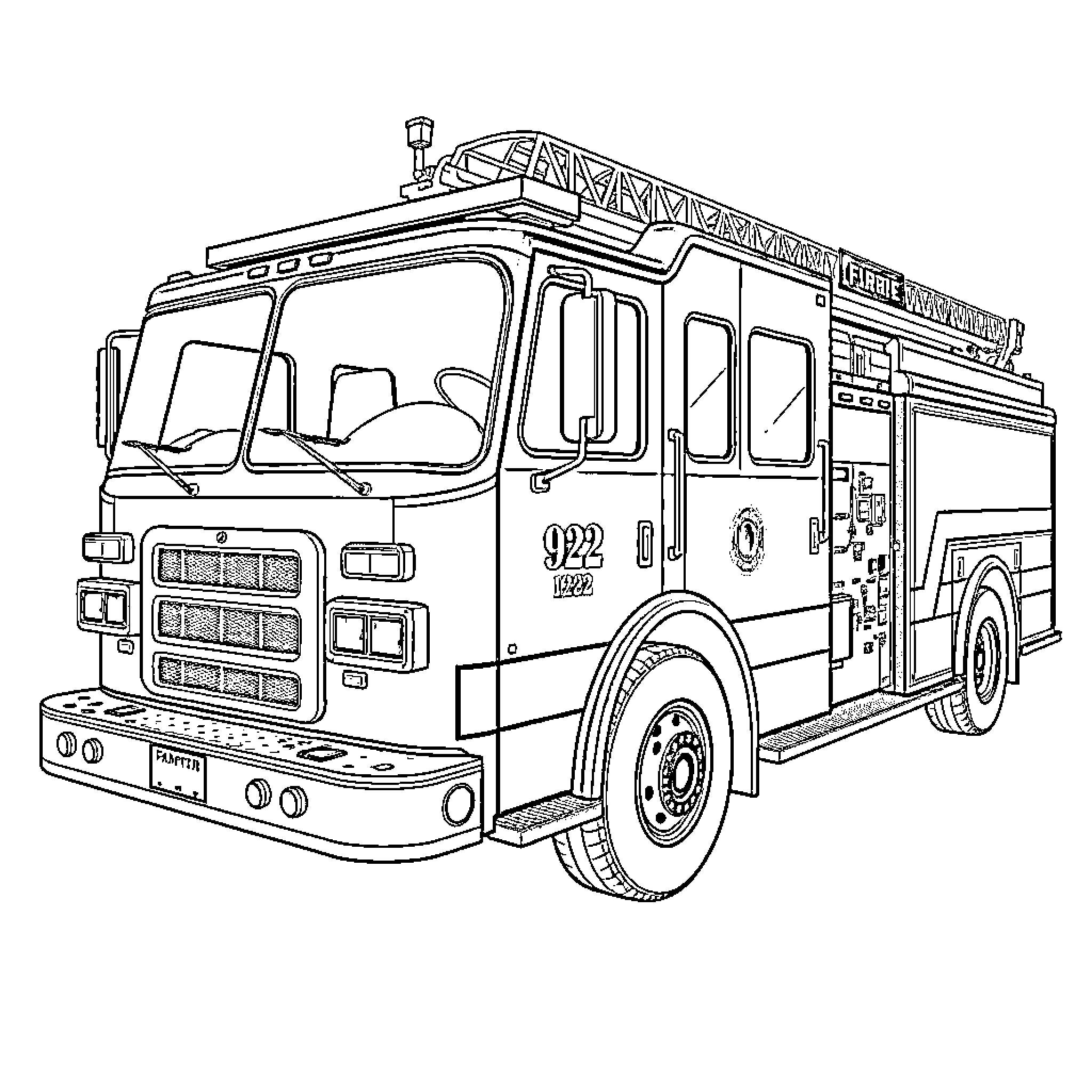 Firetruck responding to an emergency call Coloring Page (free black-and-white line drawing printable PDF for all, from beginners to advanced learners, including children, teens, adults, and seniors)