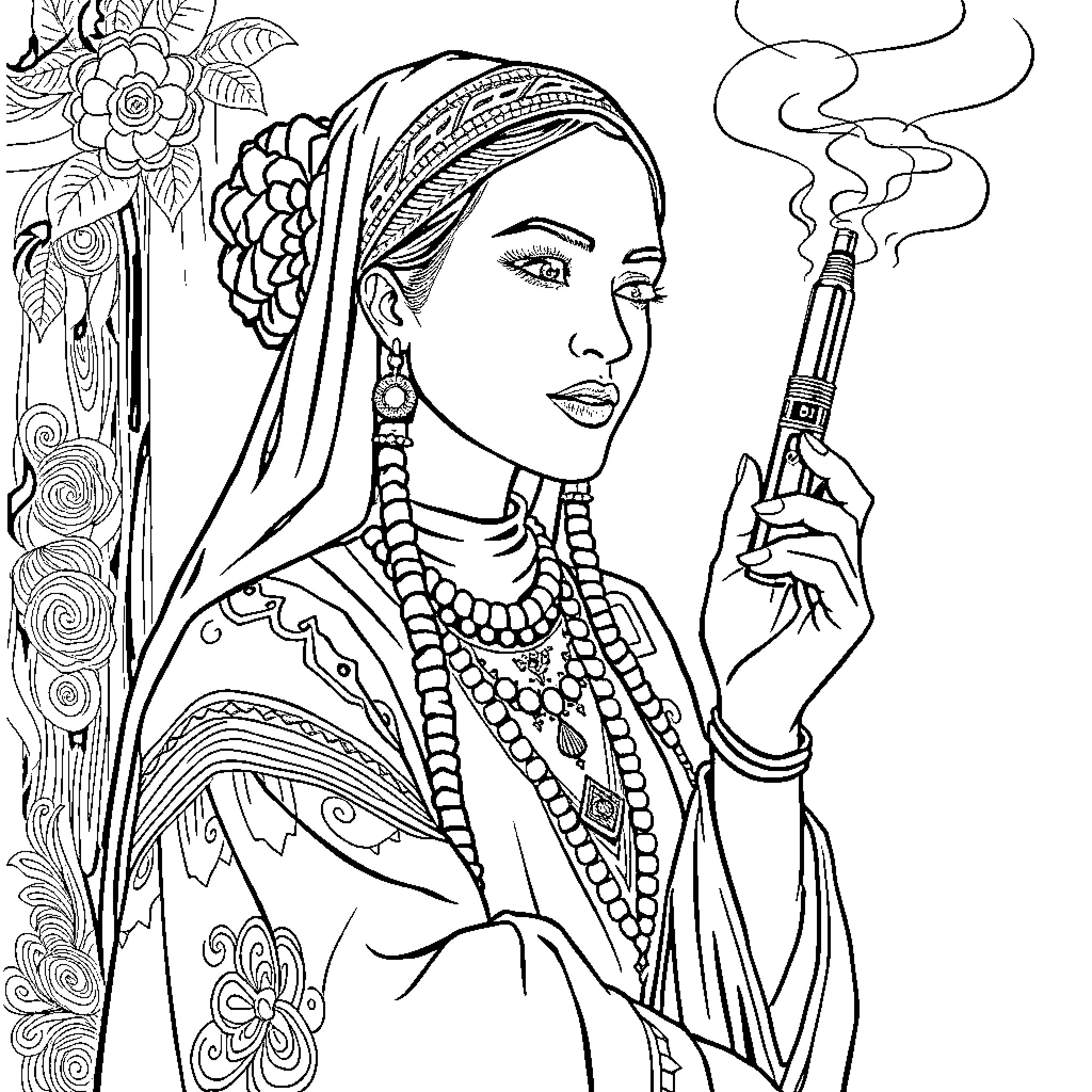Mari Domingui: Elegant Diva with Ornate Accessories Coloring Page (free black-and-white line drawing printable PDF for all, from beginners to advanced learners, including children, teens, adults, and seniors)