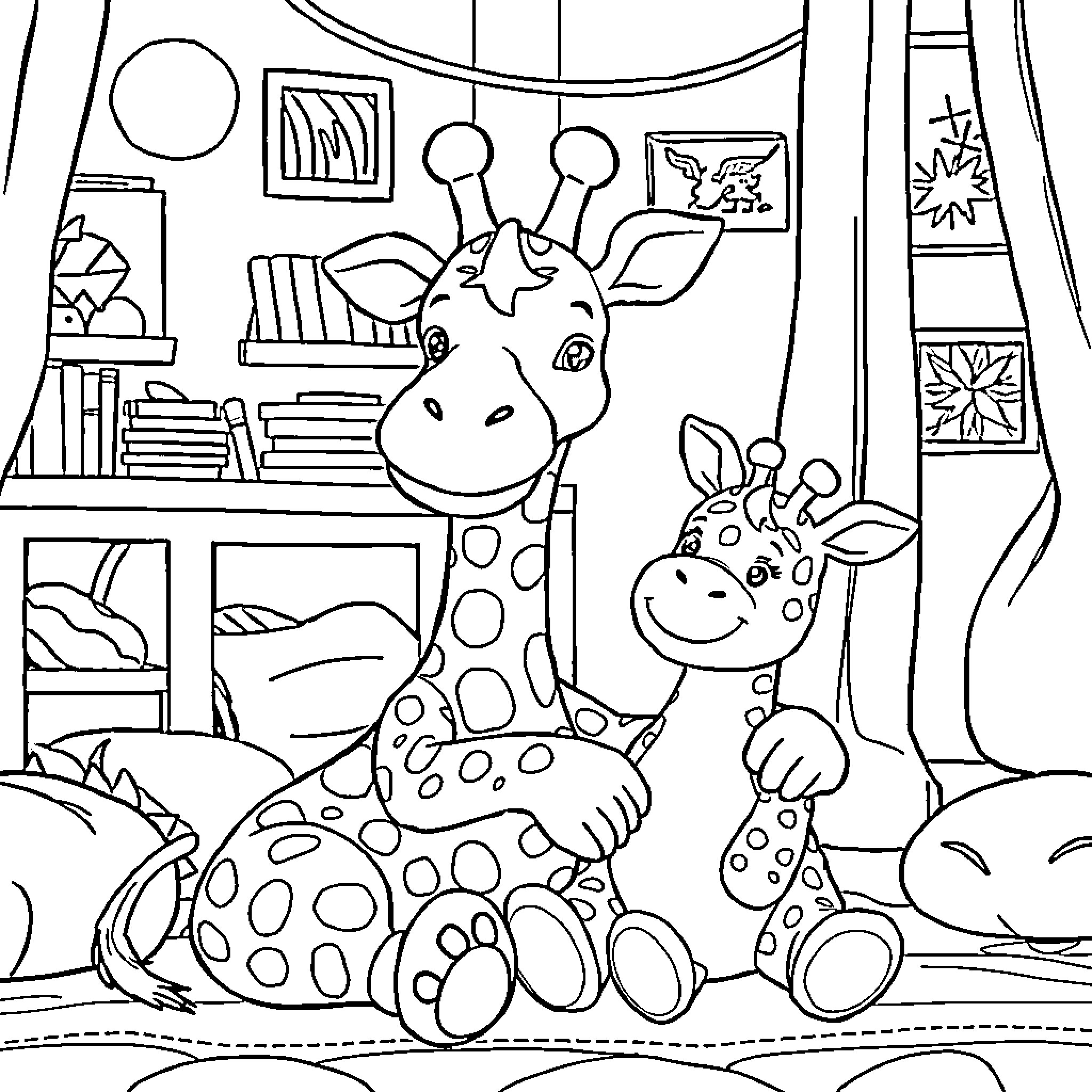 Labubu's Playful Giraffe Friends in the Room Coloring Page (free black-and-white line drawing printable PDF for all, from beginners to advanced learners, including children, teens, adults, and seniors)