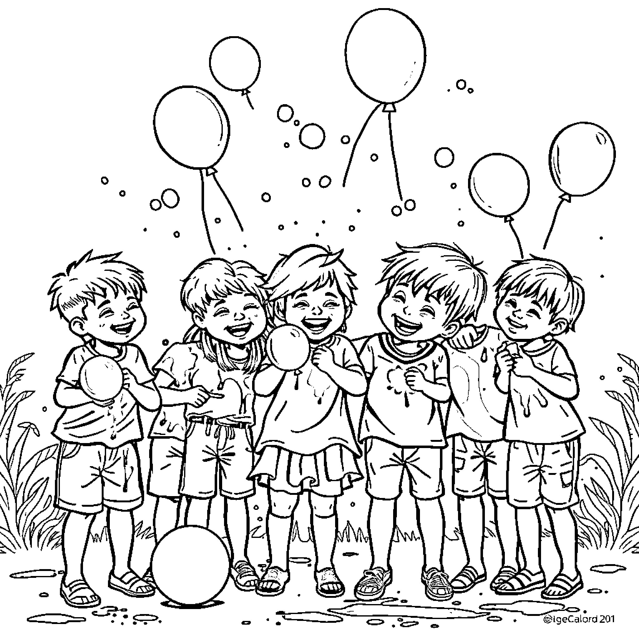 Kids playing with balloons in the yard Coloring Page (free black-and-white line drawing printable PDF for all, from beginners to advanced learners, including children, teens, adults, and seniors)