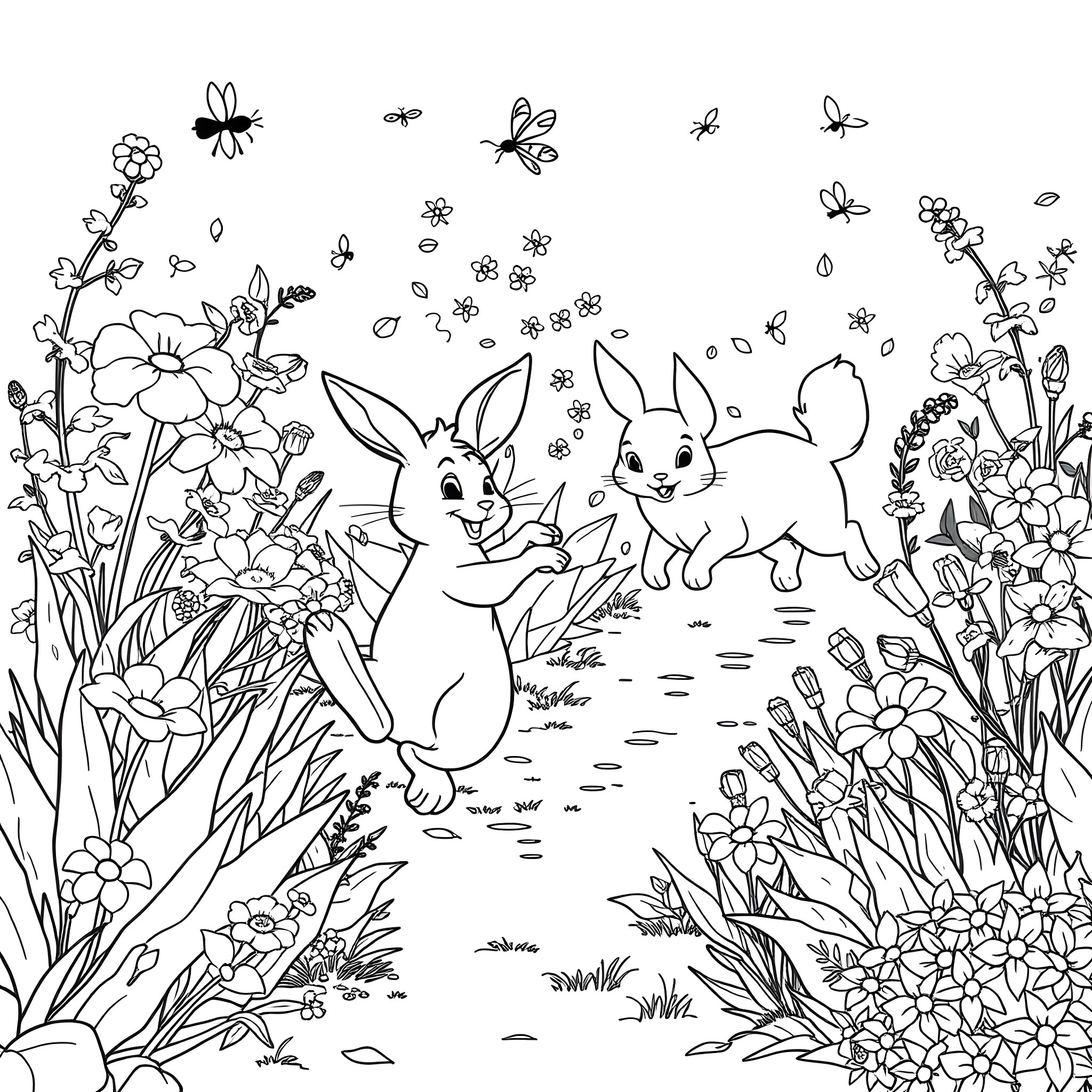 Peter Rabbit playing happily with friends in the garden Coloring Page (free black-and-white line drawing printable PDF for all, from beginners to advanced learners, including children, teens, adults, and seniors)