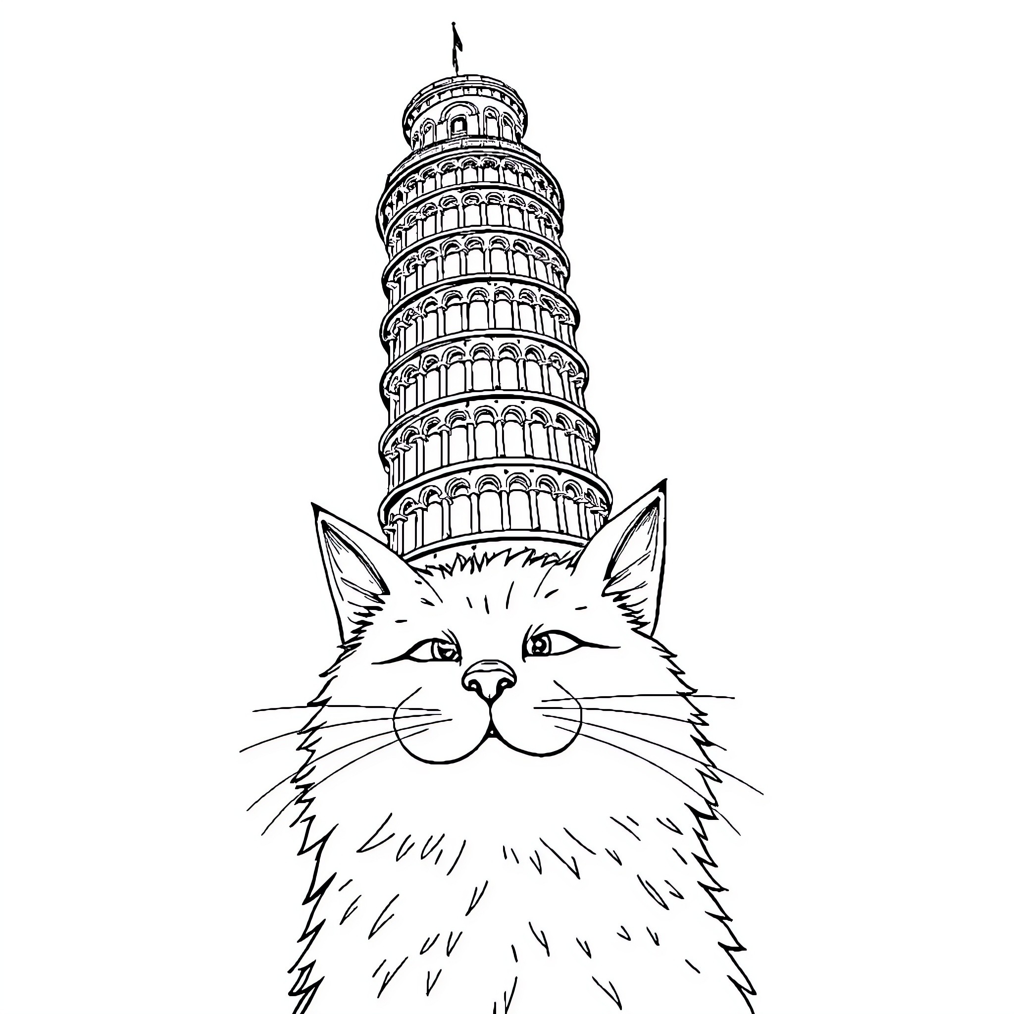 Cat gazing at iconic leaning tower Coloring Page (free black-and-white line drawing printable PDF for all, from beginners to advanced learners, including children, teens, adults, and seniors)