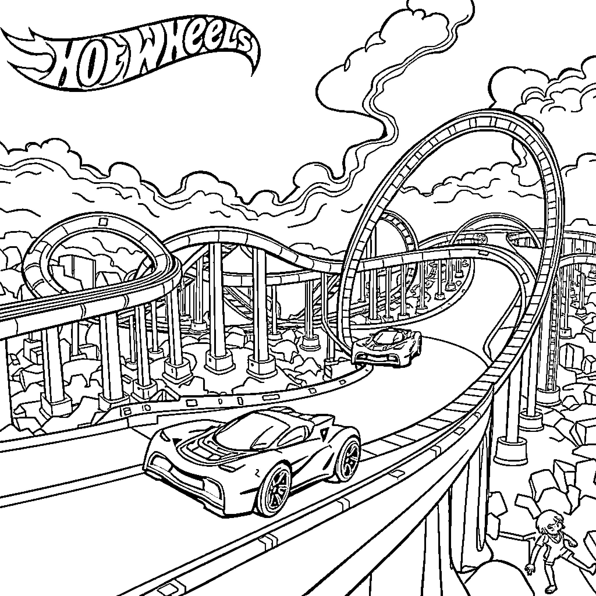 Hot Wheels cars racing on thrilling rollercoaster track Coloring Page (free black-and-white line drawing printable PDF for all, from beginners to advanced learners, including children, teens, adults, and seniors)