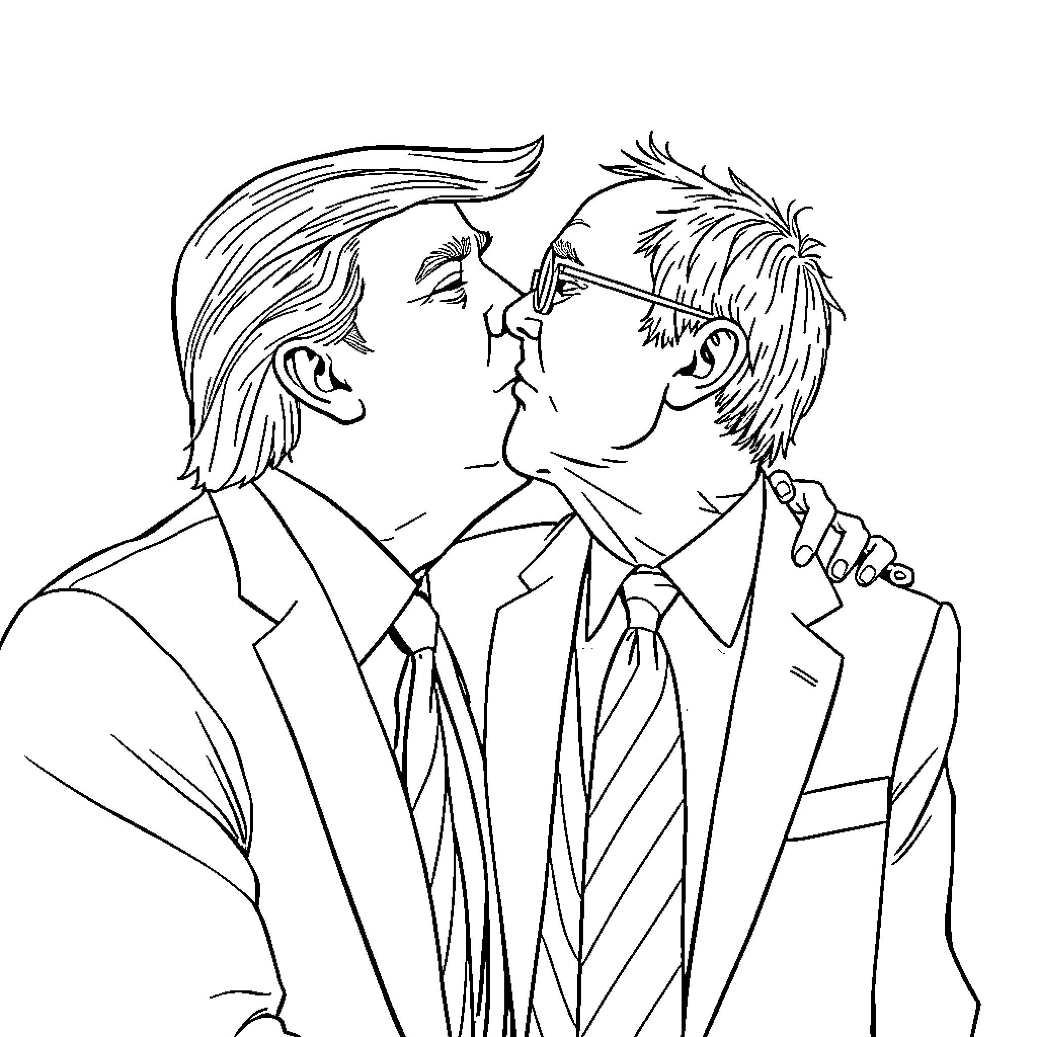 Trump and unidentified person in confrontational poses Coloring Page (free black-and-white line drawing printable PDF for all, from beginners to advanced learners, including children, teens, adults, and seniors)