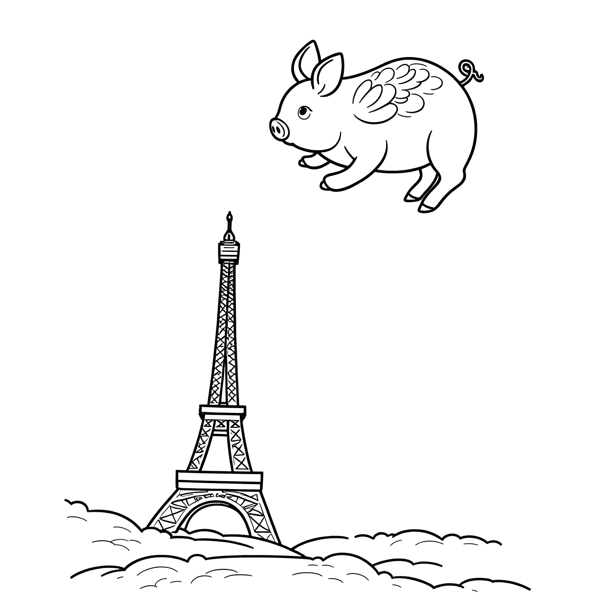 Pig flying over Eiffel Tower Coloring Page (free black-and-white line drawing printable PDF for all, from beginners to advanced learners, including children, teens, adults, and seniors)