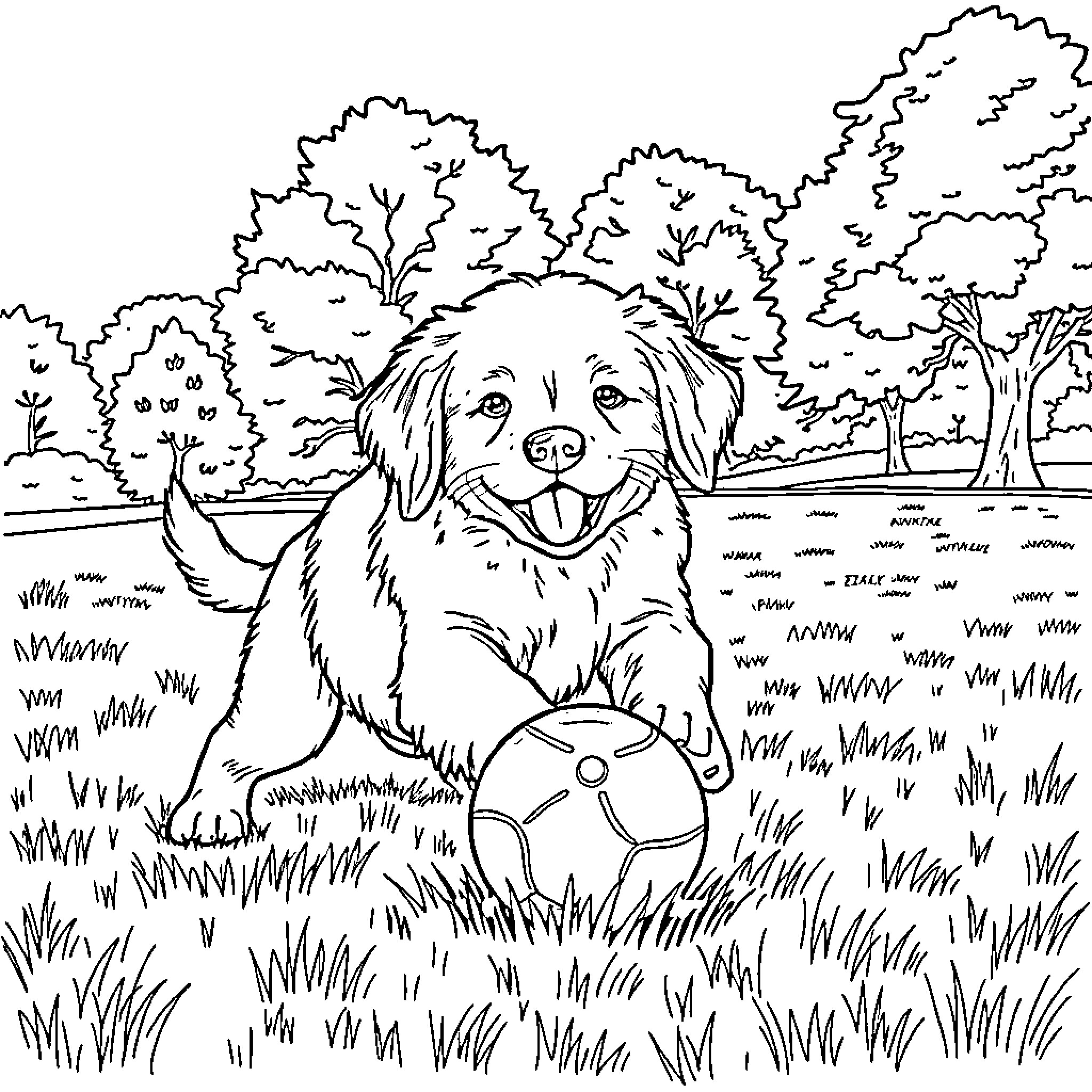 Golden Retriever playing happily in the park Coloring Page (free black-and-white line drawing printable PDF for all, from beginners to advanced learners, including children, teens, adults, and seniors)