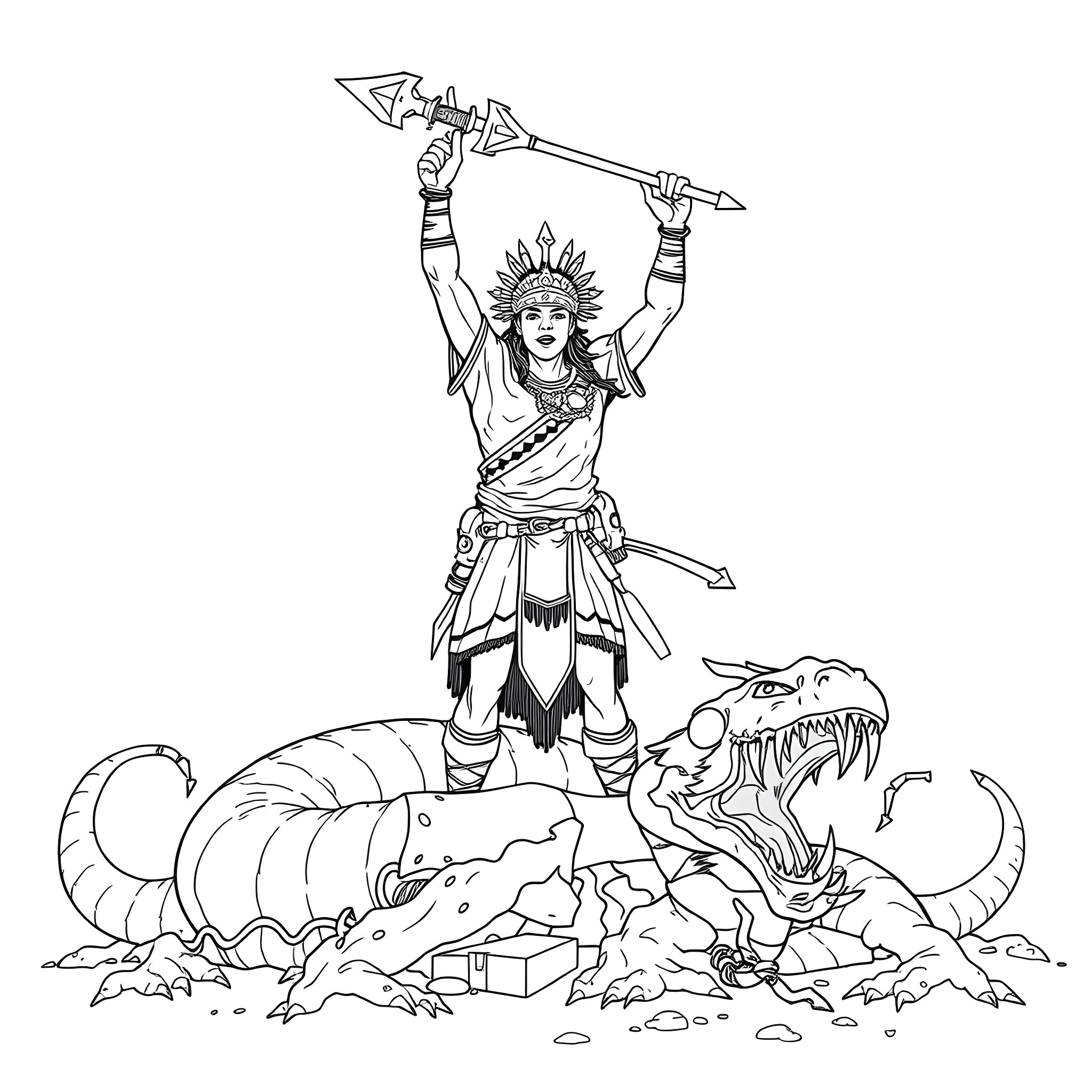 Uktena wielding spear above fierce serpents Coloring Page (free black-and-white line drawing printable PDF for all, from beginners to advanced learners, including children, teens, adults, and seniors)