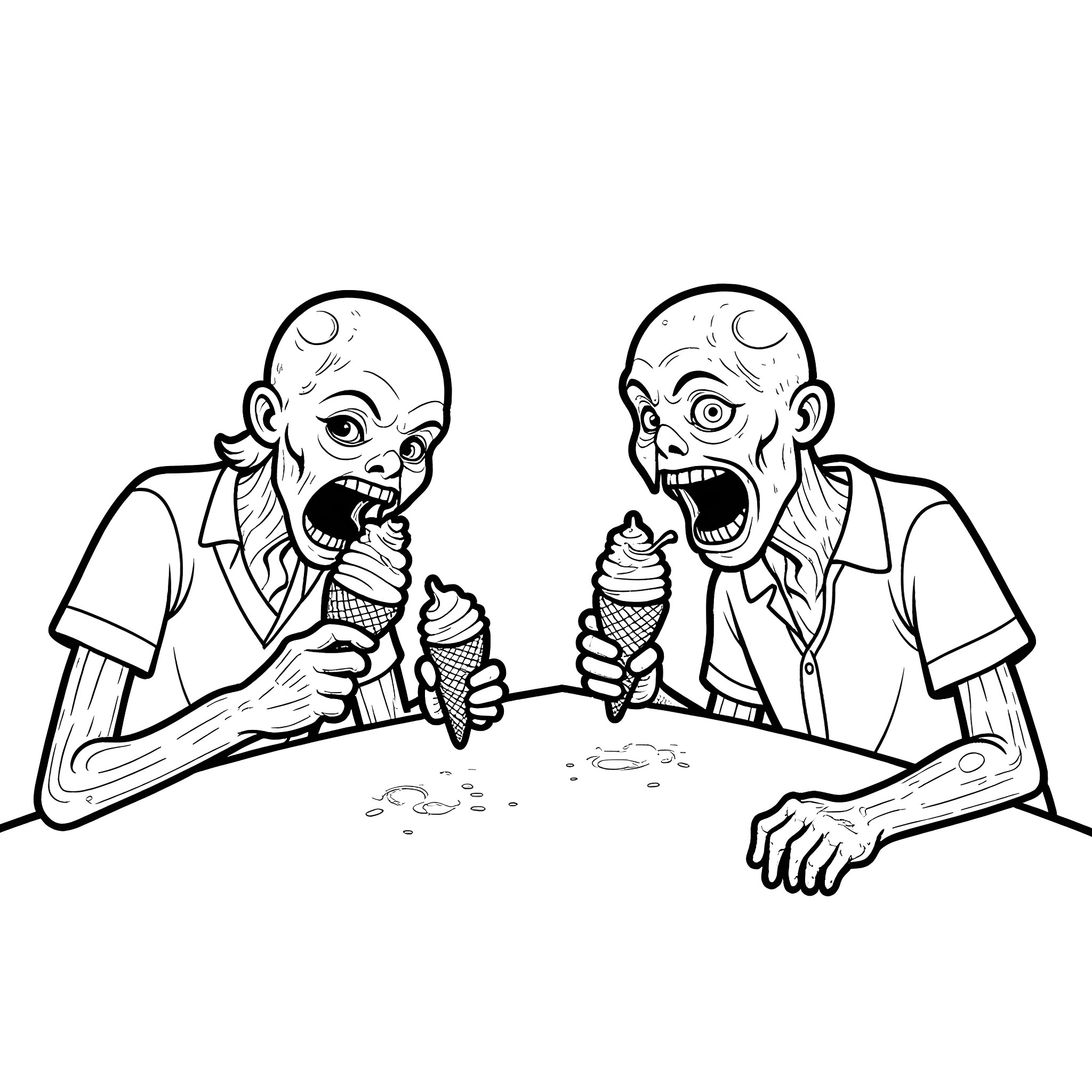 Zombie Businessman Eating Ice Cream with Delight Coloring Page (free black-and-white line drawing printable PDF for all, from beginners to advanced learners, including children, teens, adults, and seniors)