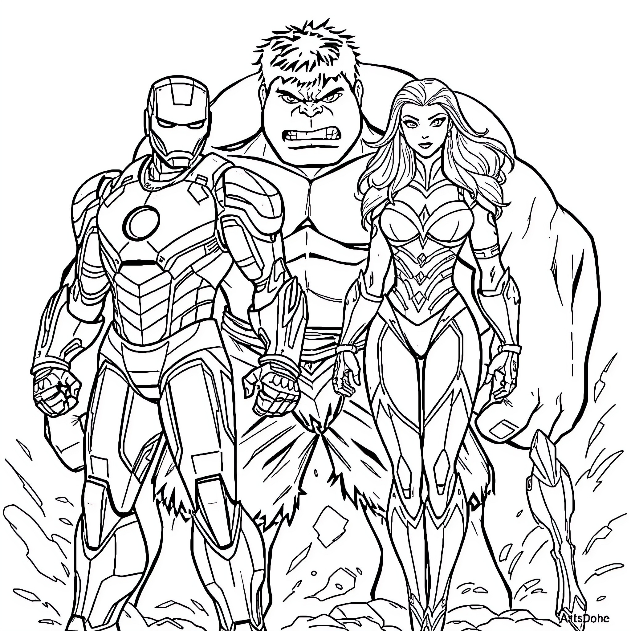 Ironman, Hulk, and Female Superhero in Action Poses Coloring Page (free black-and-white line drawing printable PDF for all, from beginners to advanced learners, including children, teens, adults, and seniors)