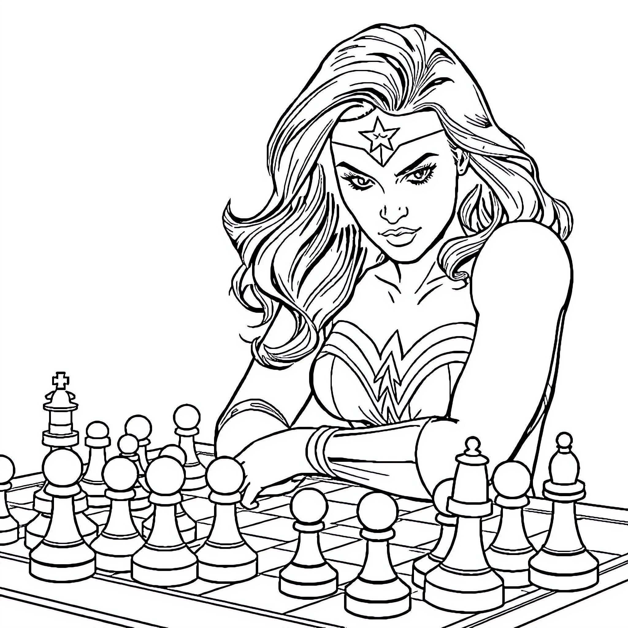 Wonder Woman playing chess with determination Coloring Page (free black-and-white line drawing printable PDF for all, from beginners to advanced learners, including children, teens, adults, and seniors)