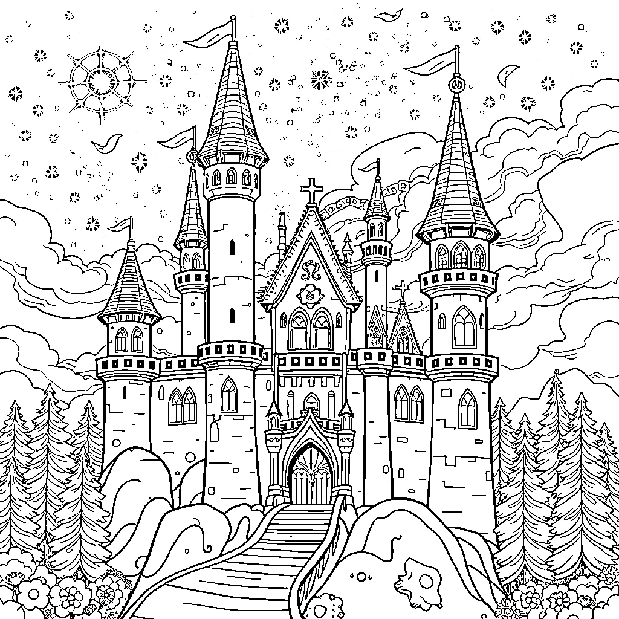 Castle in a Whimsical Winter Wonderland Coloring Page (free black-and-white line drawing printable PDF for all, from beginners to advanced learners, including children, teens, adults, and seniors)