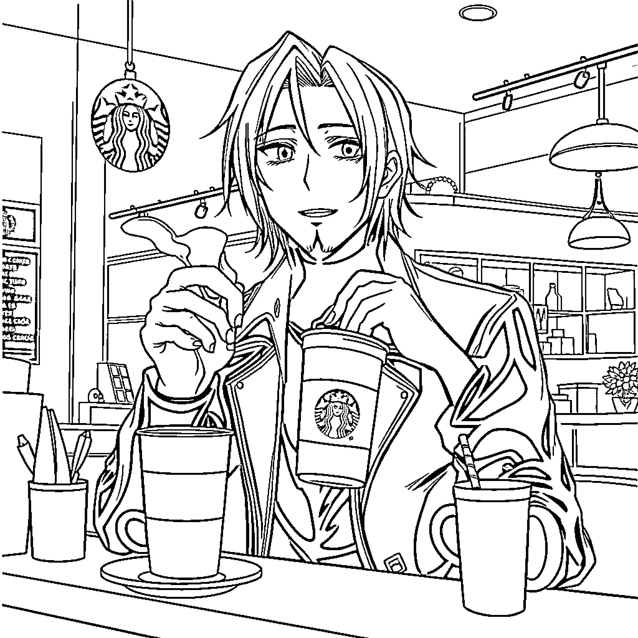 Iori Yagami working diligently at a coffee shop Coloring Page (free black-and-white line drawing printable PDF for all, from beginners to advanced learners, including children, teens, adults, and seniors)