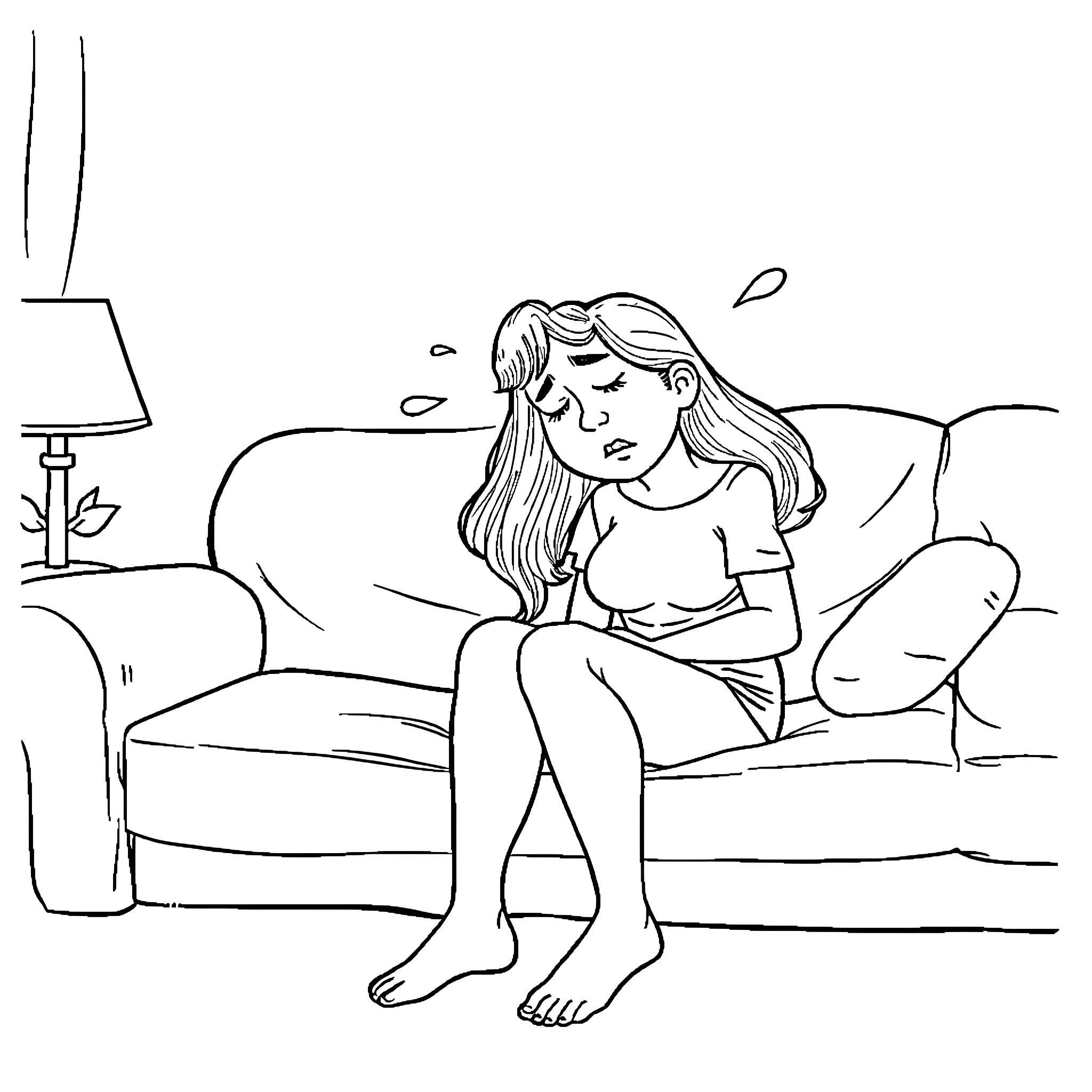 Wife relaxing in a comfortable living room Coloring Page (free black-and-white line drawing printable PDF for all, from beginners to advanced learners, including children, teens, adults, and seniors)