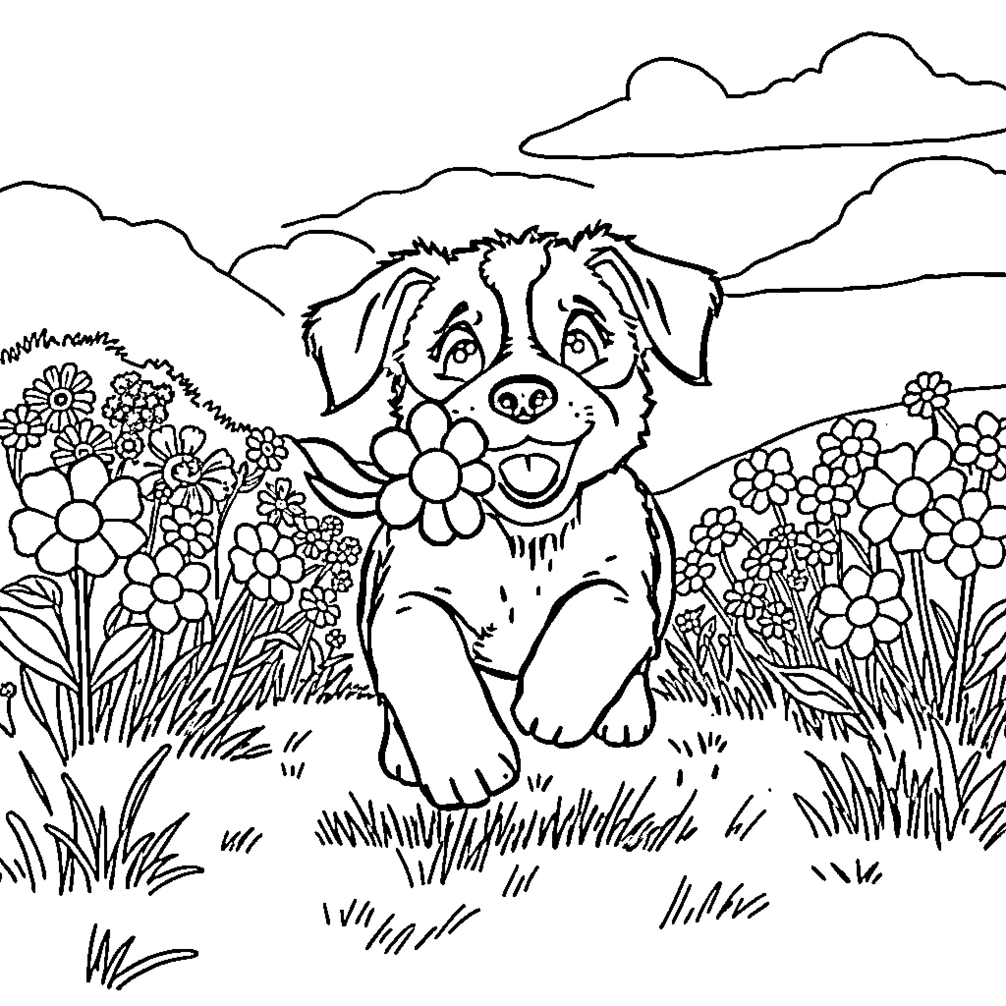 Puppy playing joyfully in a floral field Coloring Page (free black-and-white line drawing printable PDF for all, from beginners to advanced learners, including children, teens, adults, and seniors)