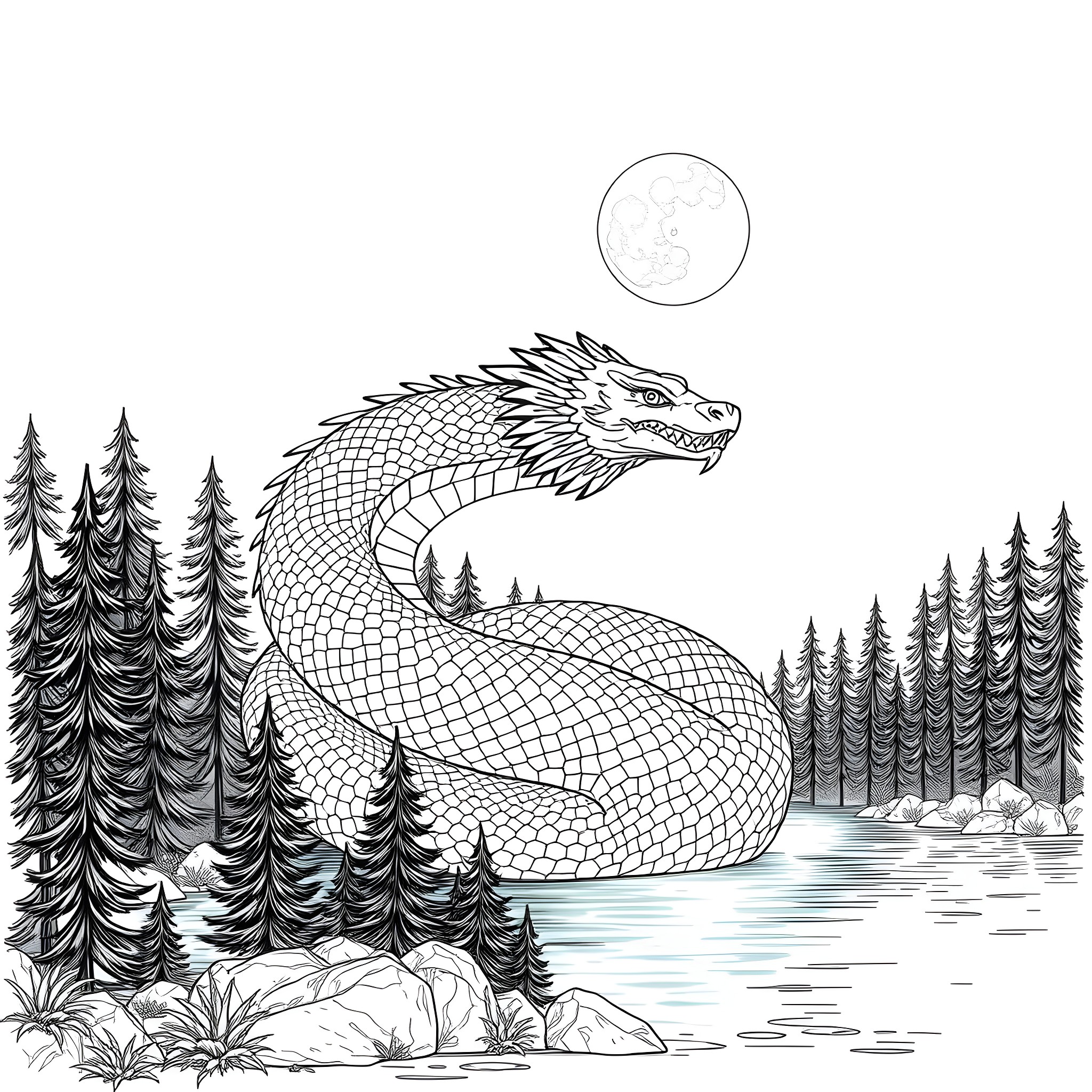 Uktena dragon in the moonlit forest Coloring Page (free black-and-white line drawing printable PDF for all, from beginners to advanced learners, including children, teens, adults, and seniors)
