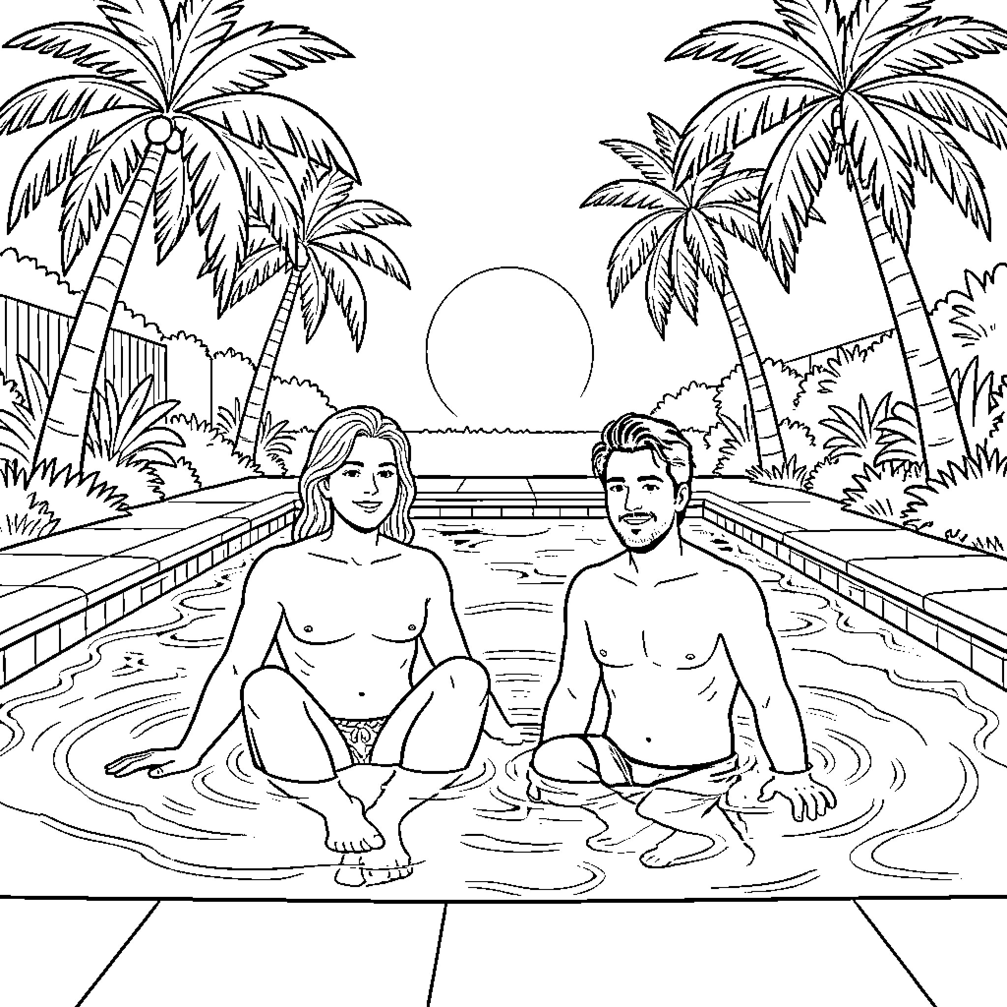 AD Laurent's Tropical Swim Coloring Page (free black-and-white line drawing printable PDF for all, from beginners to advanced learners, including children, teens, adults, and seniors)