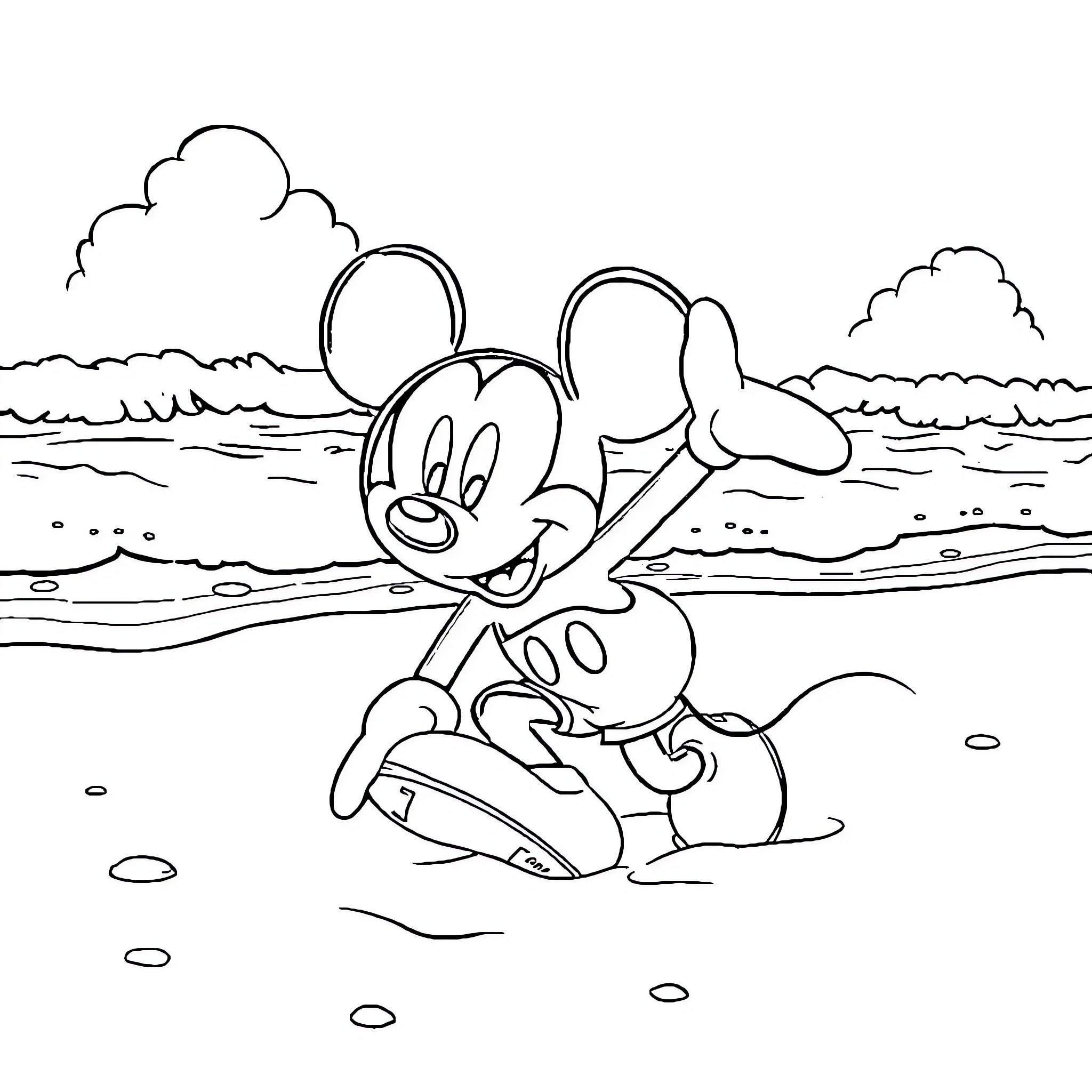 Mickey splashing happily by the beach Coloring Page (free black-and-white line drawing printable PDF for all, from beginners to advanced learners, including children, teens, adults, and seniors)