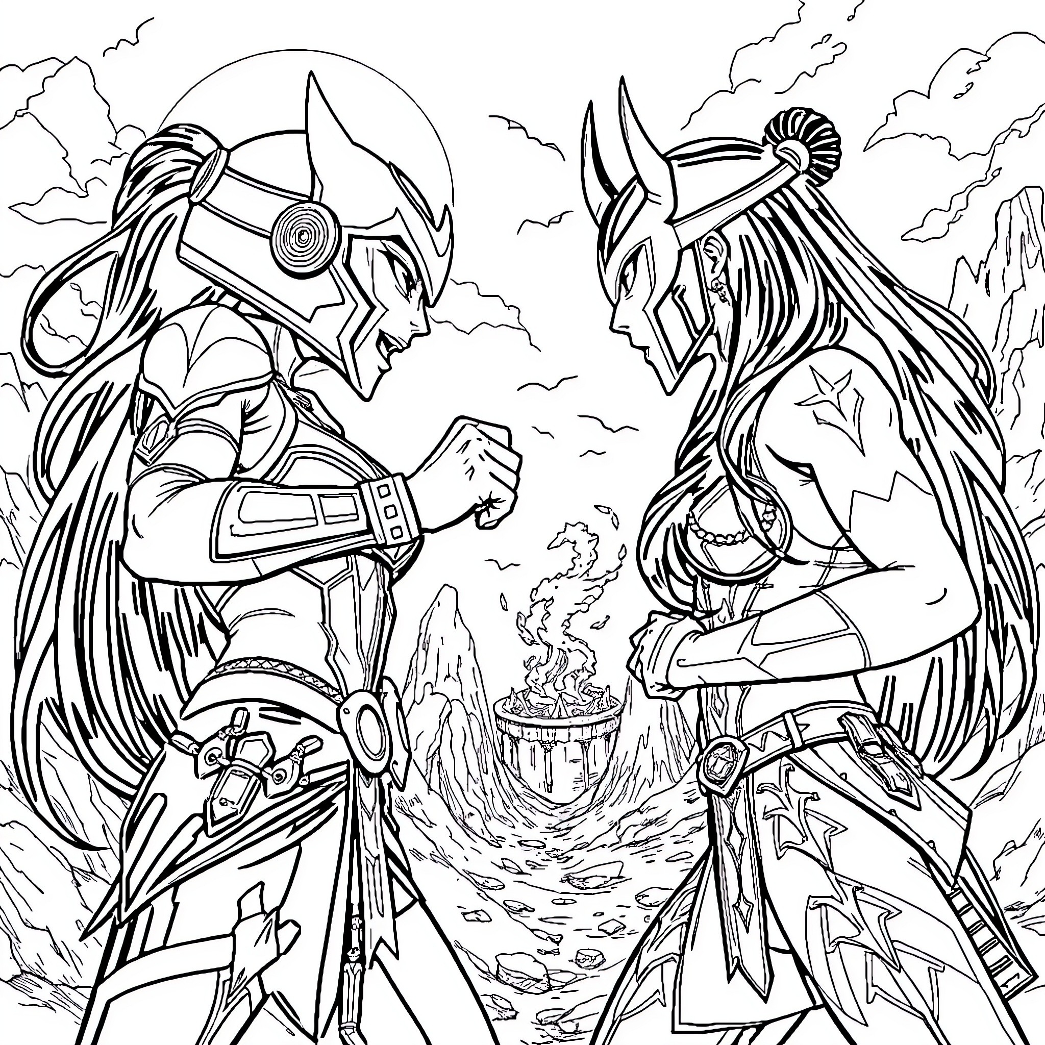 Mileena's Fierce Confrontation Coloring Page (free black-and-white line drawing printable PDF for all, from beginners to advanced learners, including children, teens, adults, and seniors)
