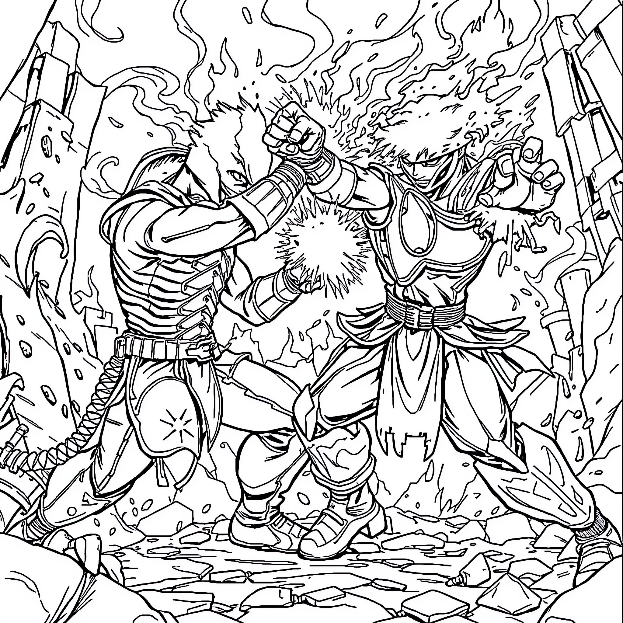 Mortal Kombat: Fierce Battle Amidst Fiery Destruction Coloring Page (free black-and-white line drawing printable PDF for all, from beginners to advanced learners, including children, teens, adults, and seniors)