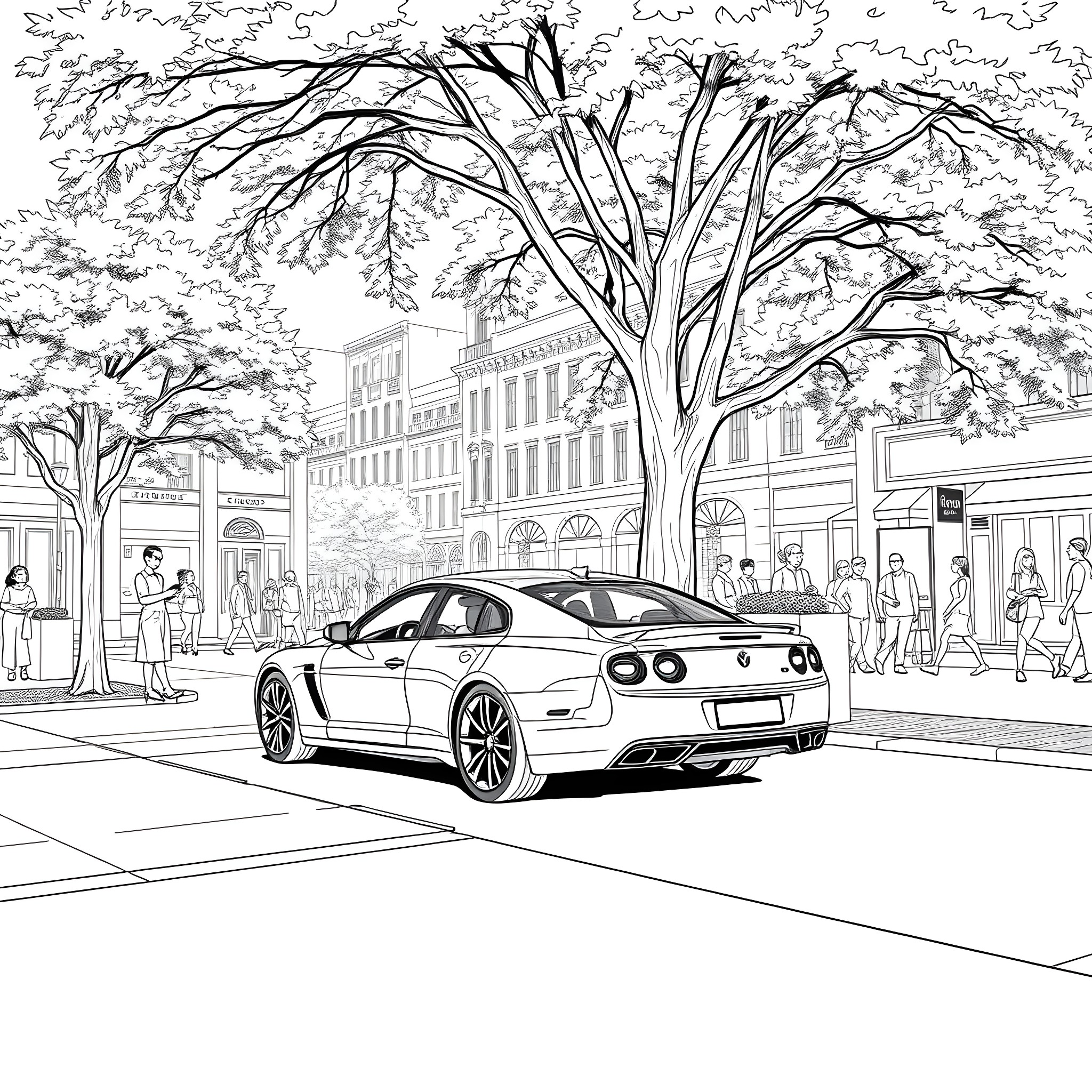 Ambassador Car Parked on City Street Coloring Page (free black-and-white line drawing printable PDF for all, from beginners to advanced learners, including children, teens, adults, and seniors)