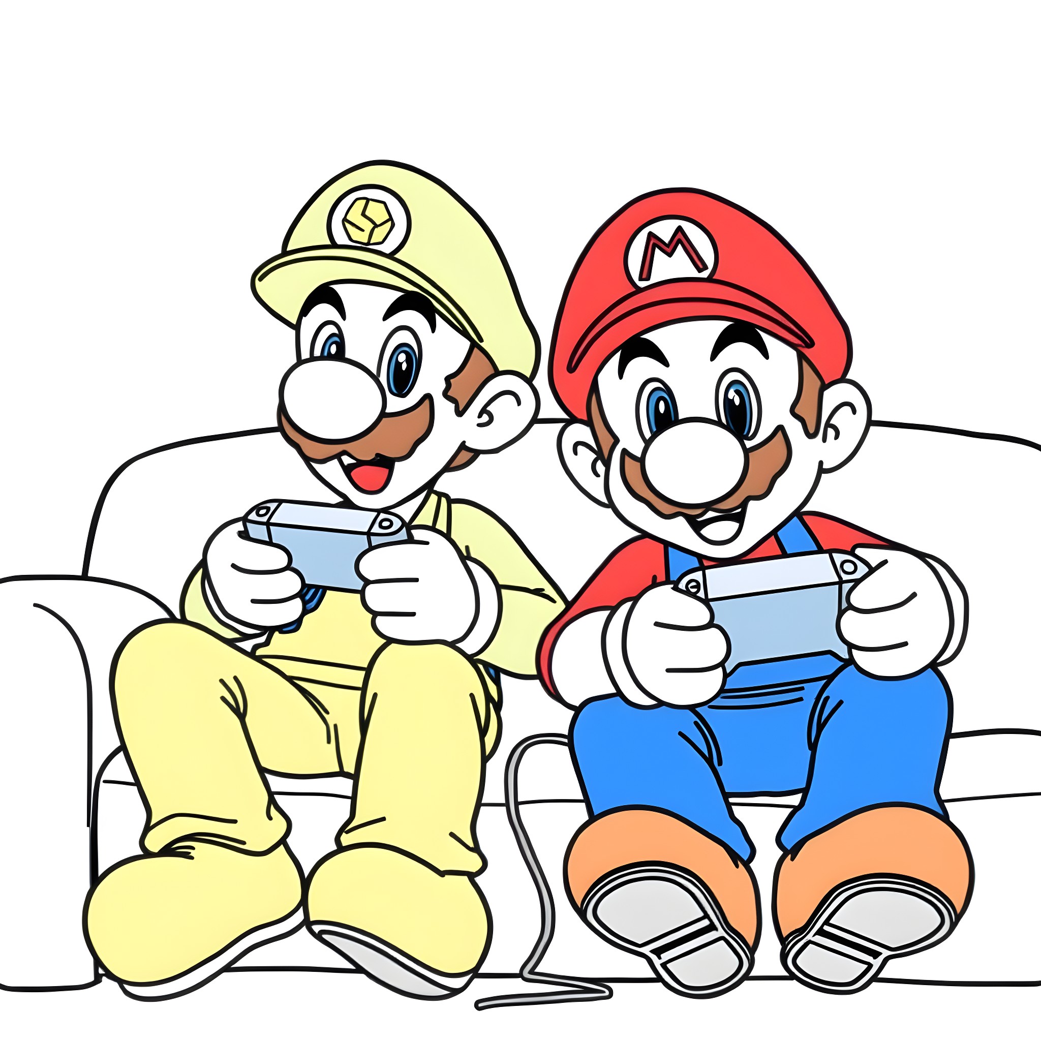 Mario and Luigi playing video games together Coloring Page (free black-and-white line drawing printable PDF for all, from beginners to advanced learners, including children, teens, adults, and seniors)
