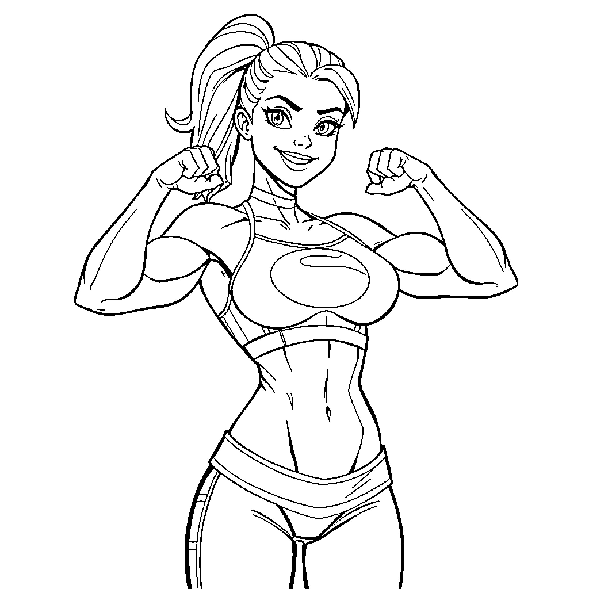 Super Girl Flexing Her Muscles Confidently Coloring Page (free black-and-white line drawing printable PDF for all, from beginners to advanced learners, including children, teens, adults, and seniors)
