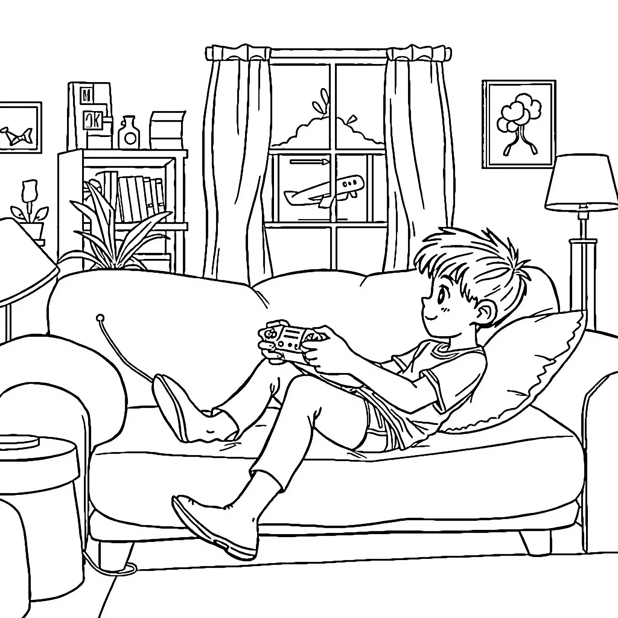 Boy Playing Video Game on Couch Coloring Page (free black-and-white line drawing printable PDF for all, from beginners to advanced learners, including children, teens, adults, and seniors)