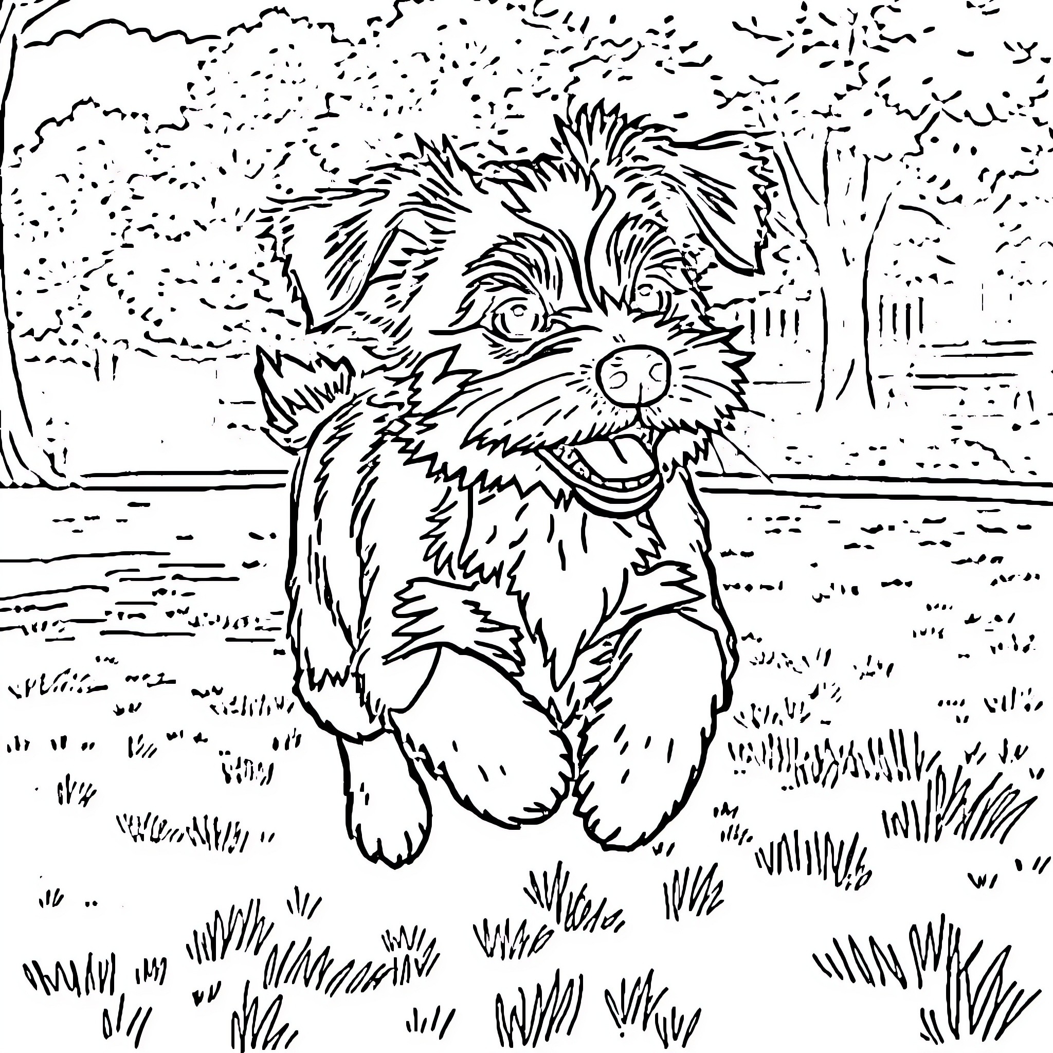 Münsterländer dog playing happily in the park Coloring Page (free black-and-white line drawing printable PDF for all, from beginners to advanced learners, including children, teens, adults, and seniors)