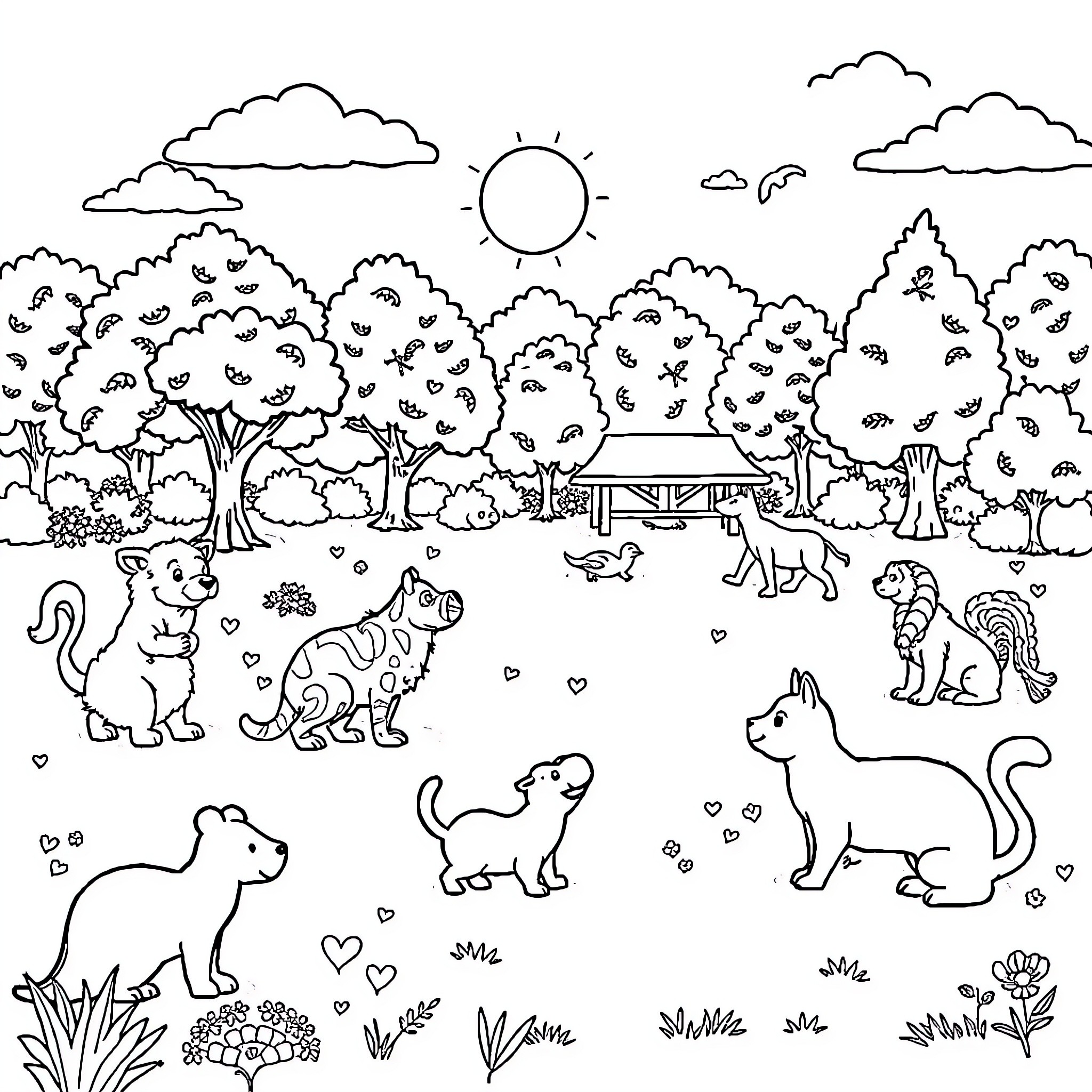Animal Friends Playing in the Park Coloring Page (free black-and-white line drawing printable PDF for all, from beginners to advanced learners, including children, teens, adults, and seniors)