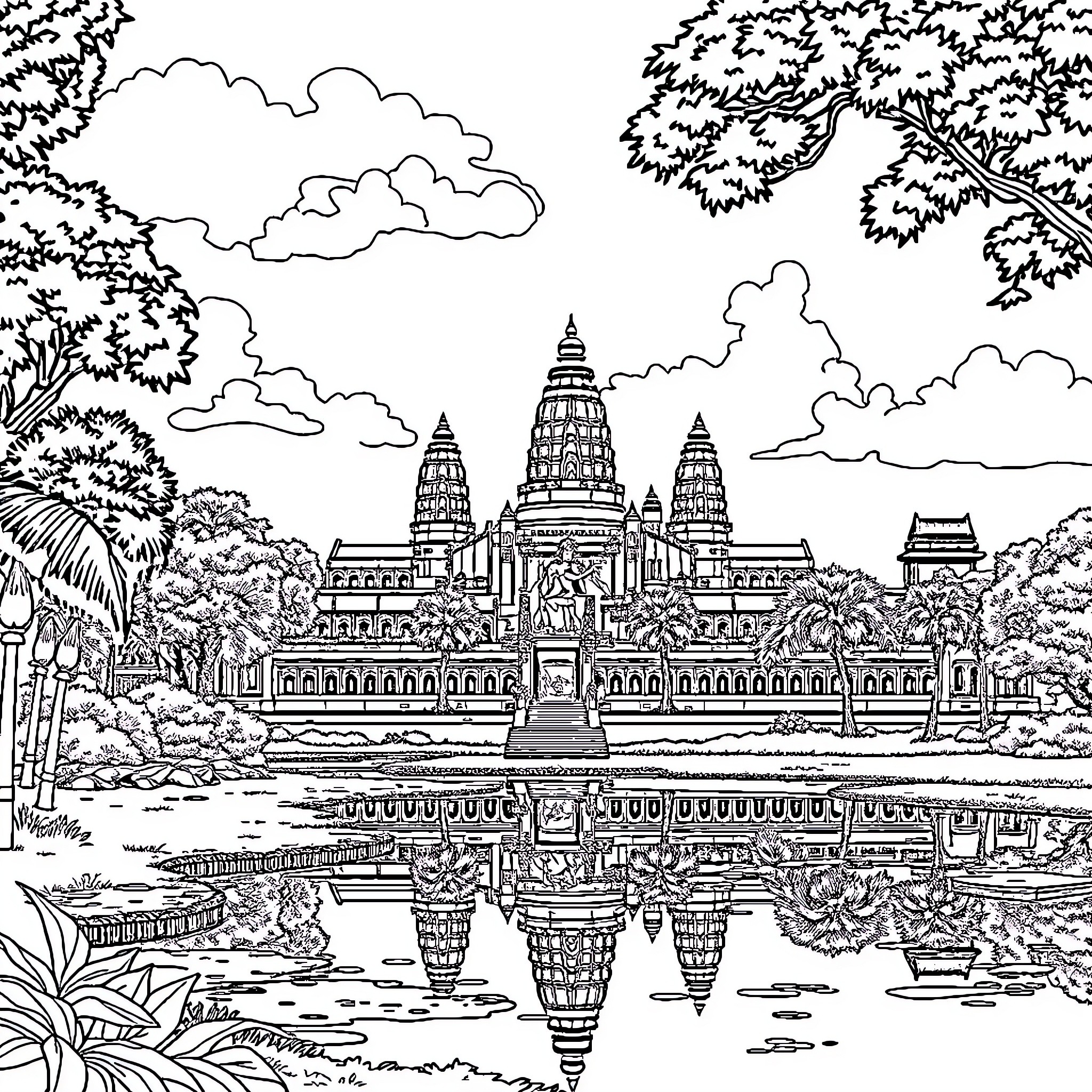 Ankor Wat: Majestic temples amidst lush foliage and reflection Coloring Page (free black-and-white line drawing printable PDF for all, from beginners to advanced learners, including children, teens, adults, and seniors)