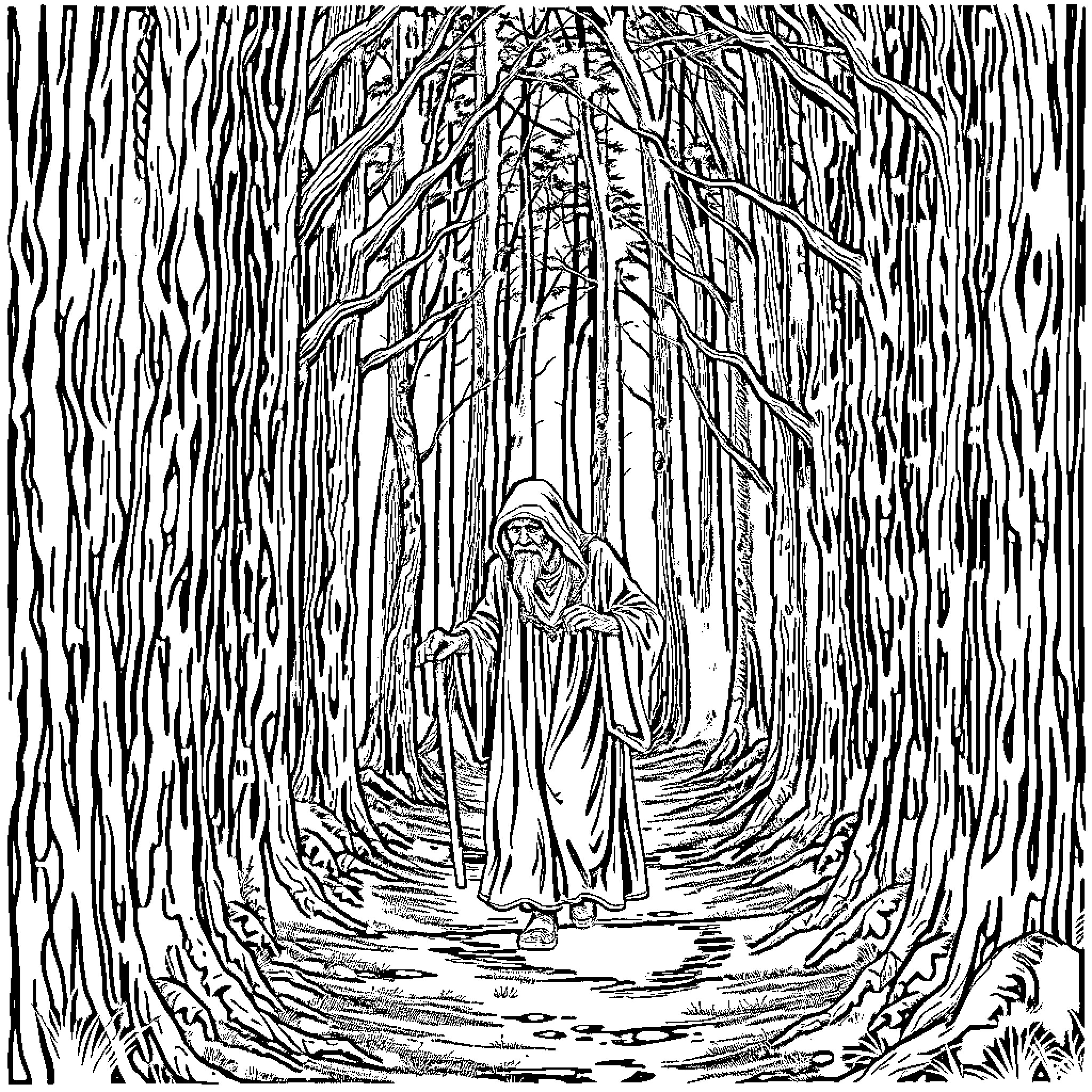 Crone's Solitary Journey through the Enigmatic Forest Coloring Page (free black-and-white line drawing printable PDF for all, from beginners to advanced learners, including children, teens, adults, and seniors)